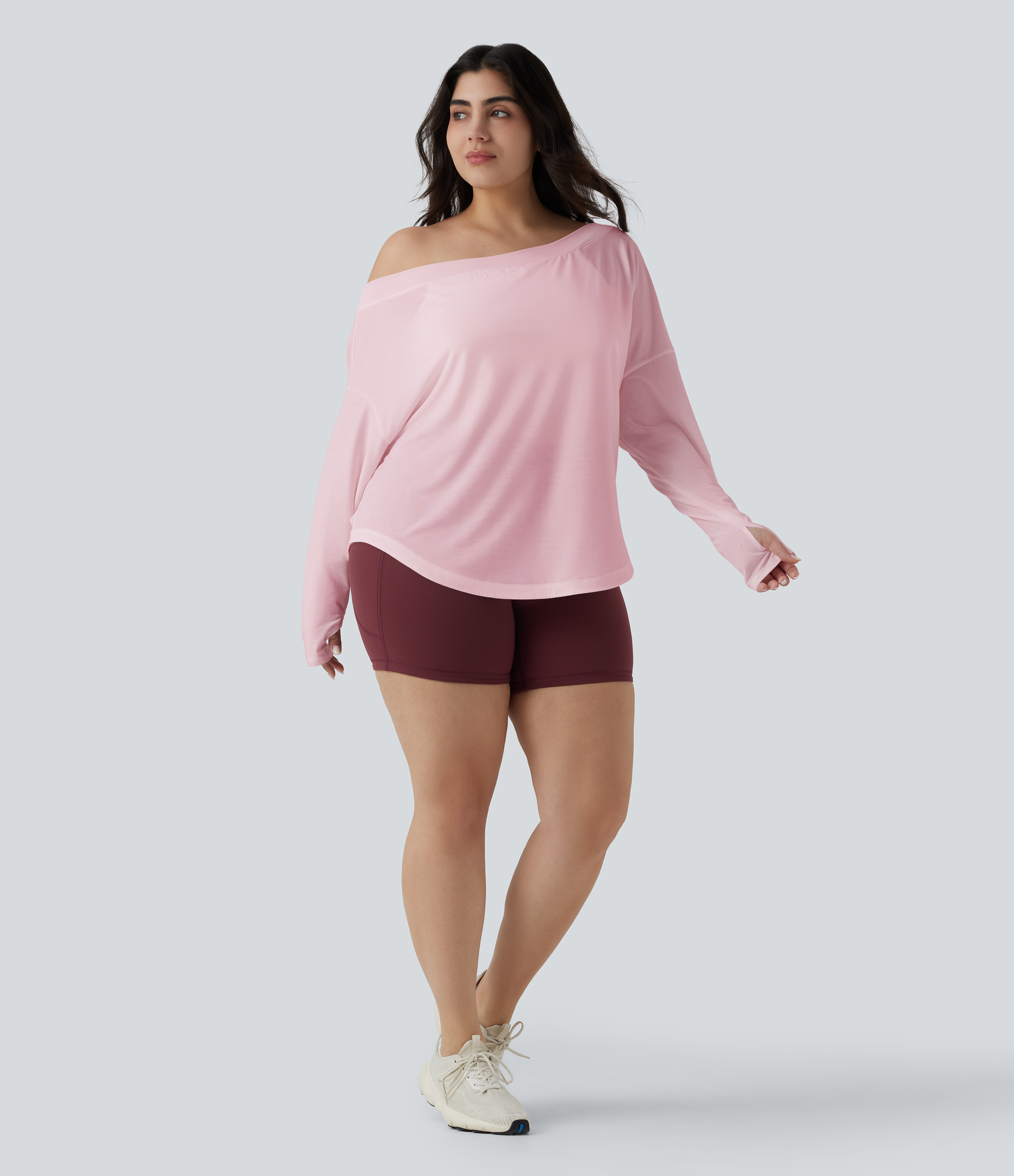One Shoulder Long Sleeve Thumb Hole Curved Hem High Low Quick Dry Yoga Sports Top-Built-in Bra - Pale Lilac