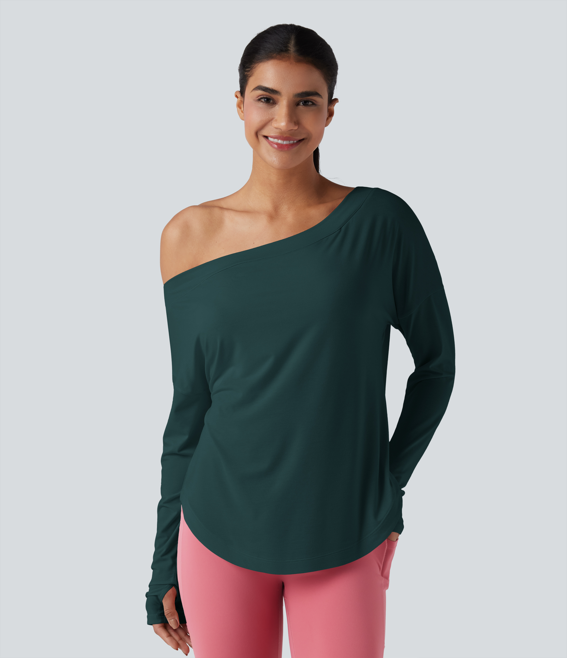 One Shoulder Long Sleeve Thumb Hole Curved Hem High Low Quick Dry Yoga Sports Top-Built-in Bra - Copper Green