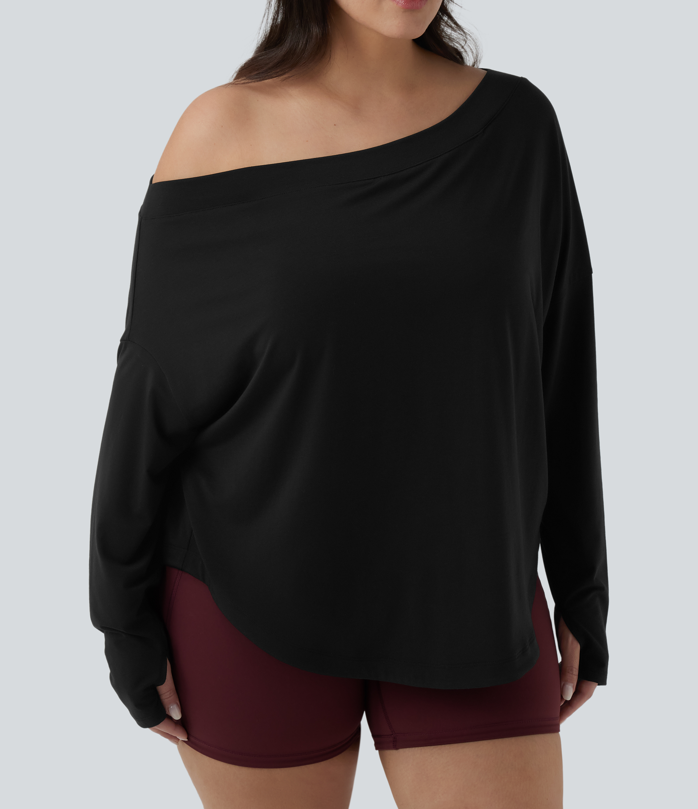 One Shoulder Long Sleeve Thumb Hole Curved Hem High Low Quick Dry Yoga Sports Top-Built-in Bra - Black