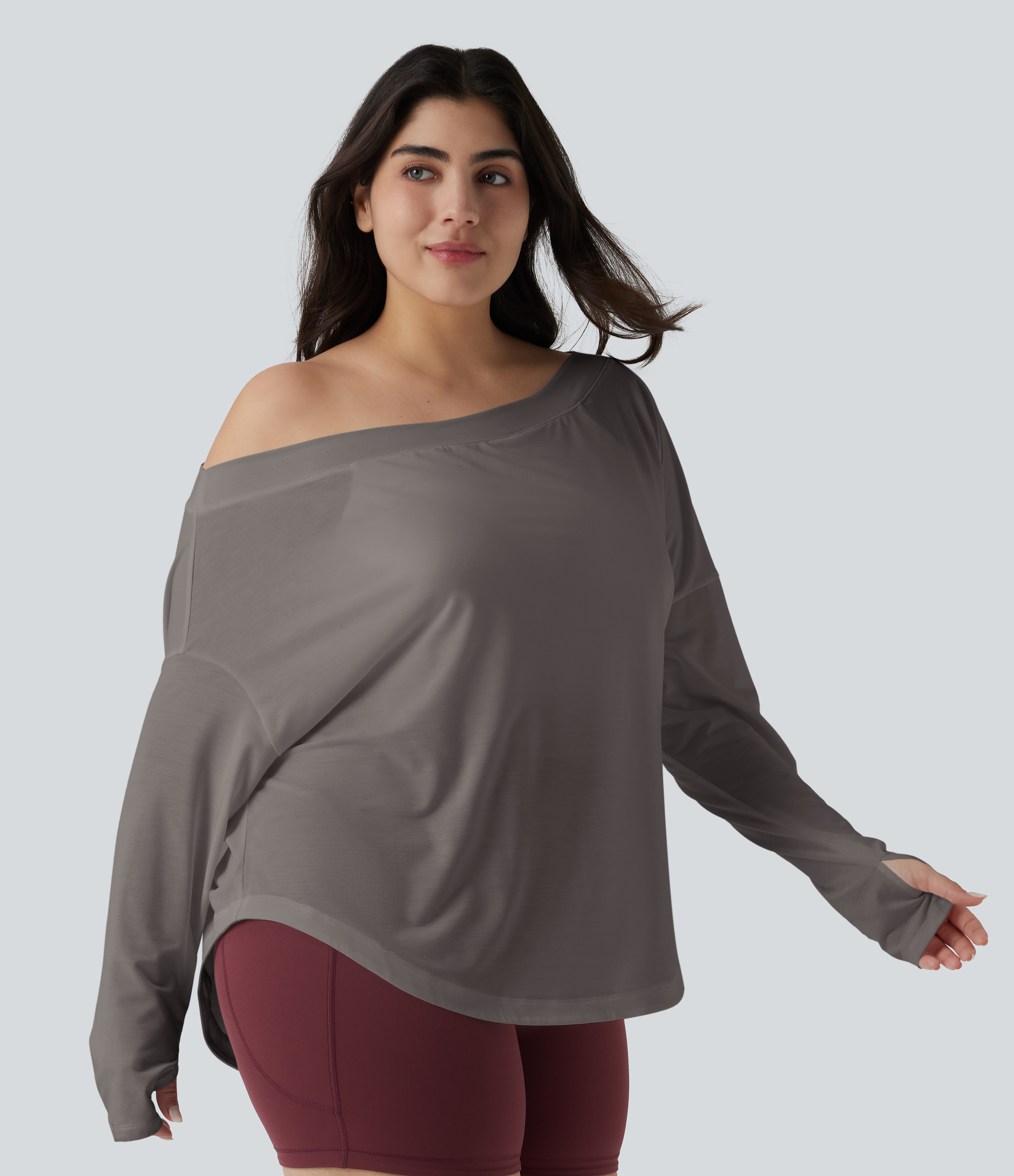 One Shoulder Long Sleeve Thumb Hole Curved Hem High Low Quick Dry Yoga Sports Top-Built-in Bra - Steel Gray