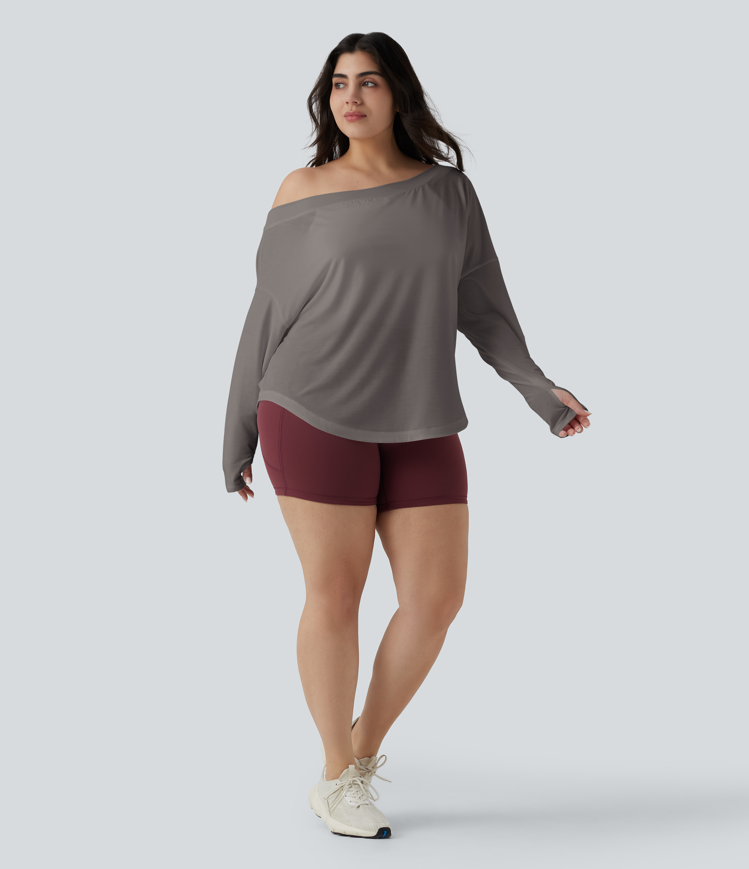 One Shoulder Long Sleeve Thumb Hole Curved Hem High Low Quick Dry Yoga Sports Top-Built-in Bra - Steel Gray
