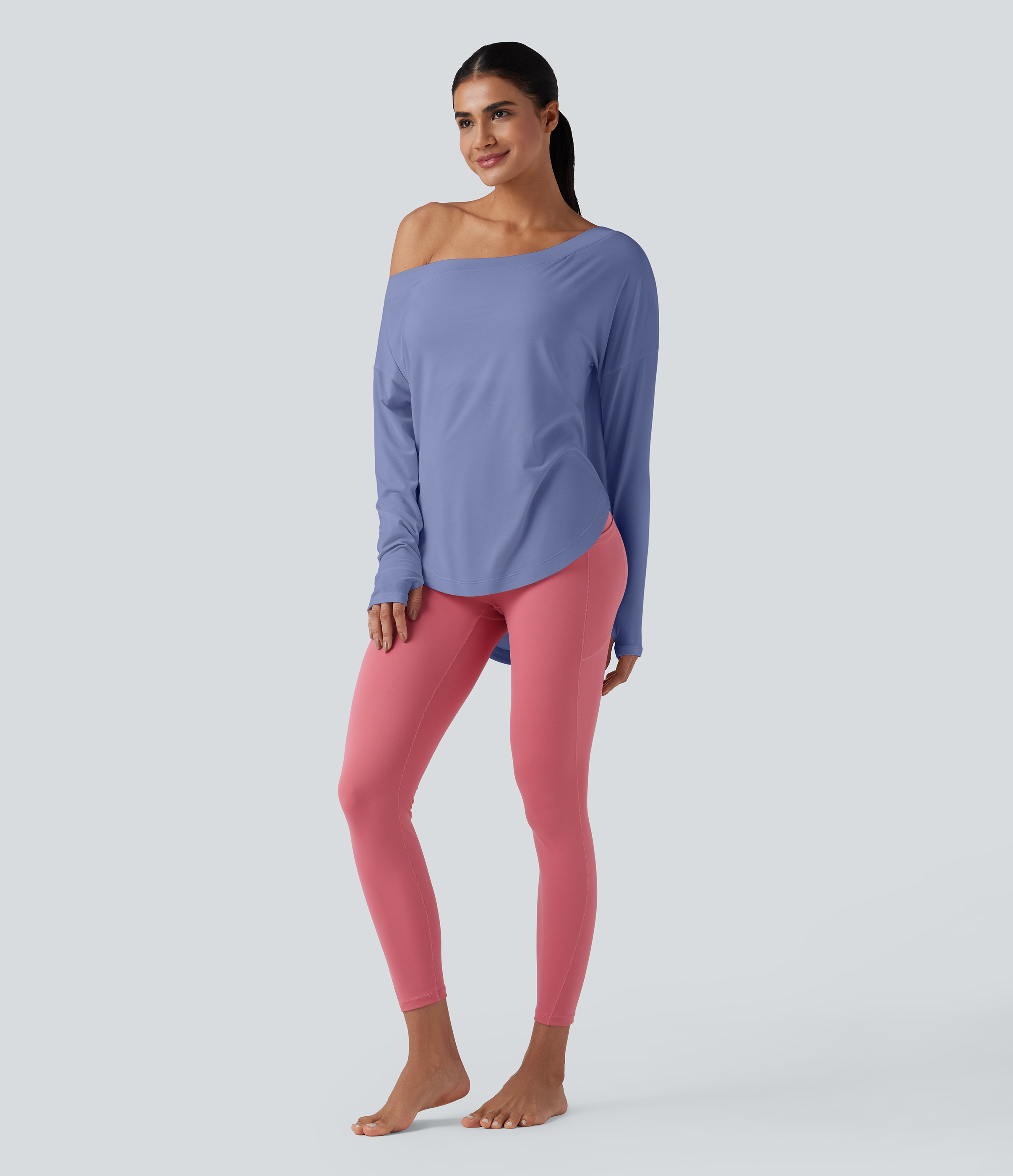 One Shoulder Long Sleeve Thumb Hole Curved Hem High Low Quick Dry Yoga Sports Top-Built-in Bra - Purple Impression