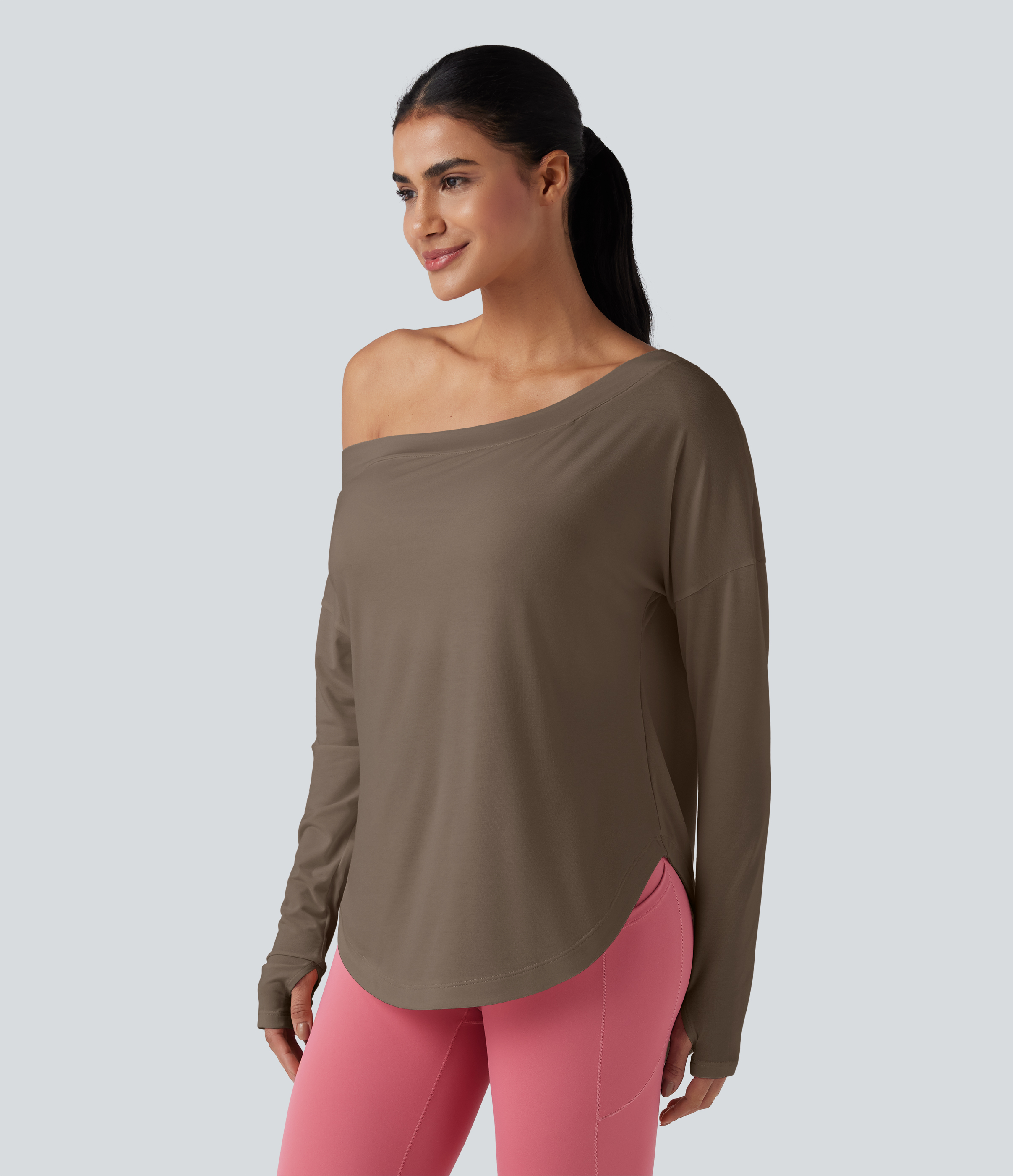 One Shoulder Long Sleeve Thumb Hole Curved Hem High Low Quick Dry Yoga Sports Top-Built-in Bra - Dawn Brown