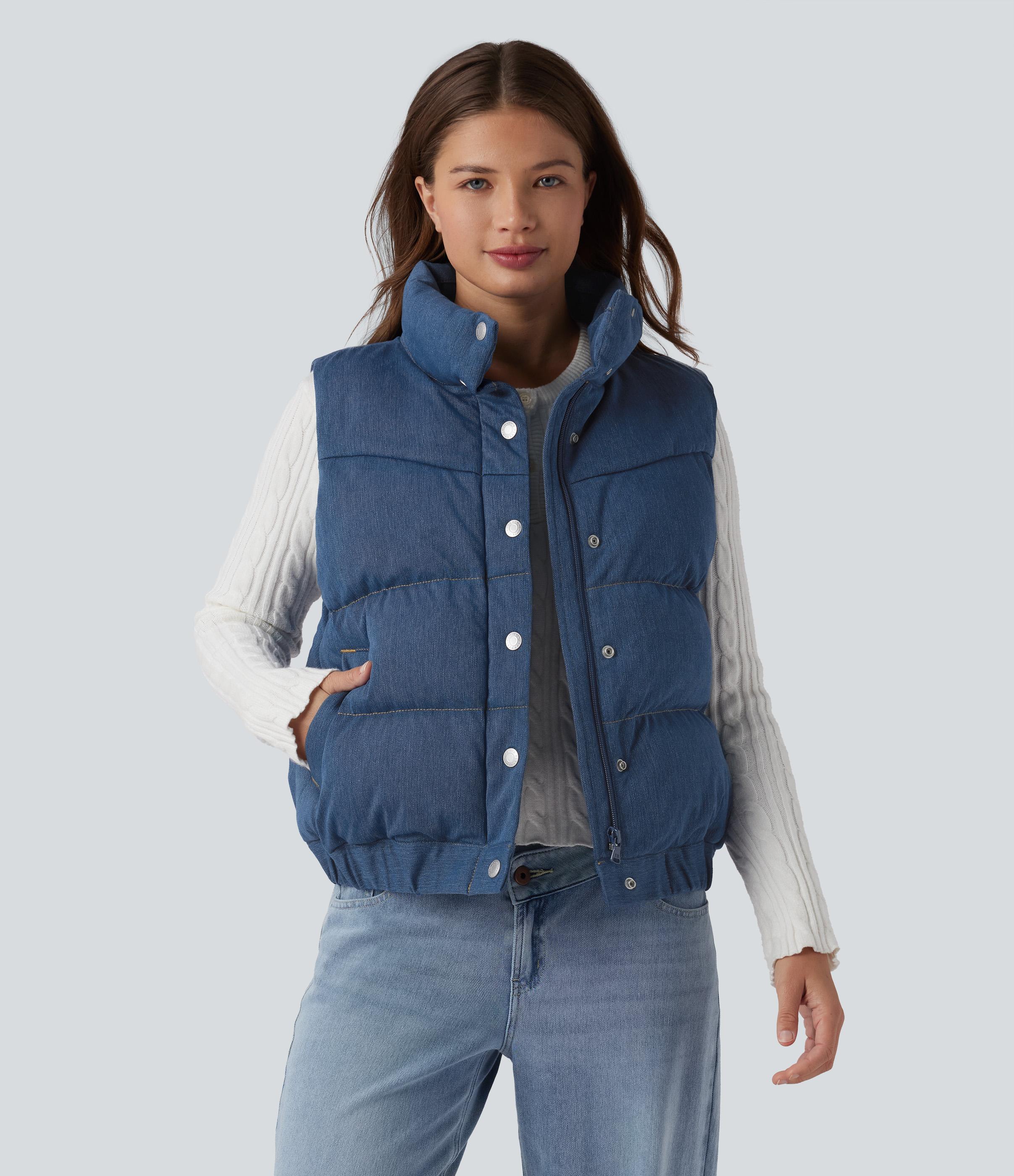 Flex Denim Stand Collar Casual Puffer Vest with Pockets