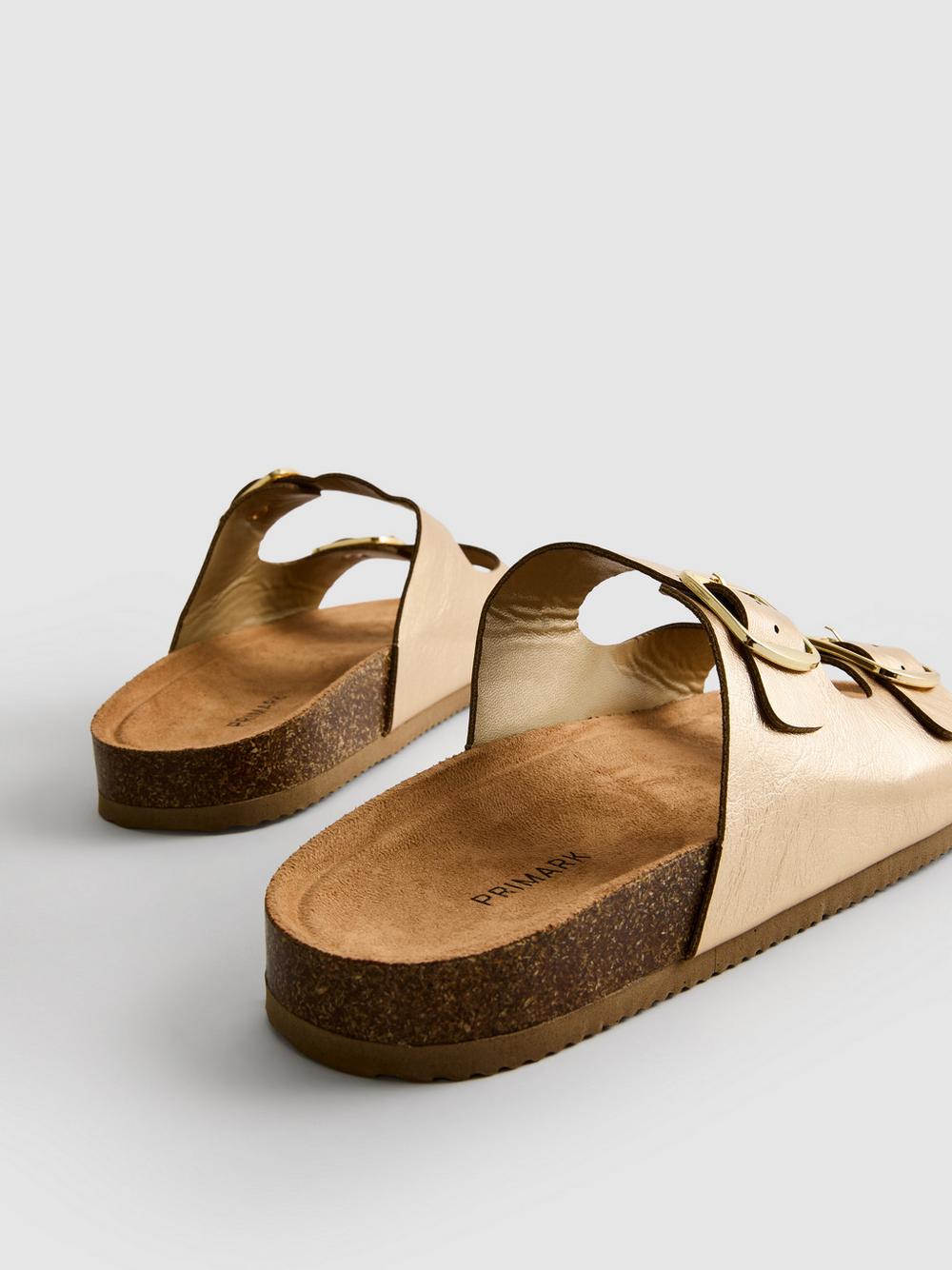 Double Buckle-Strap Mule Sandals - Gold
