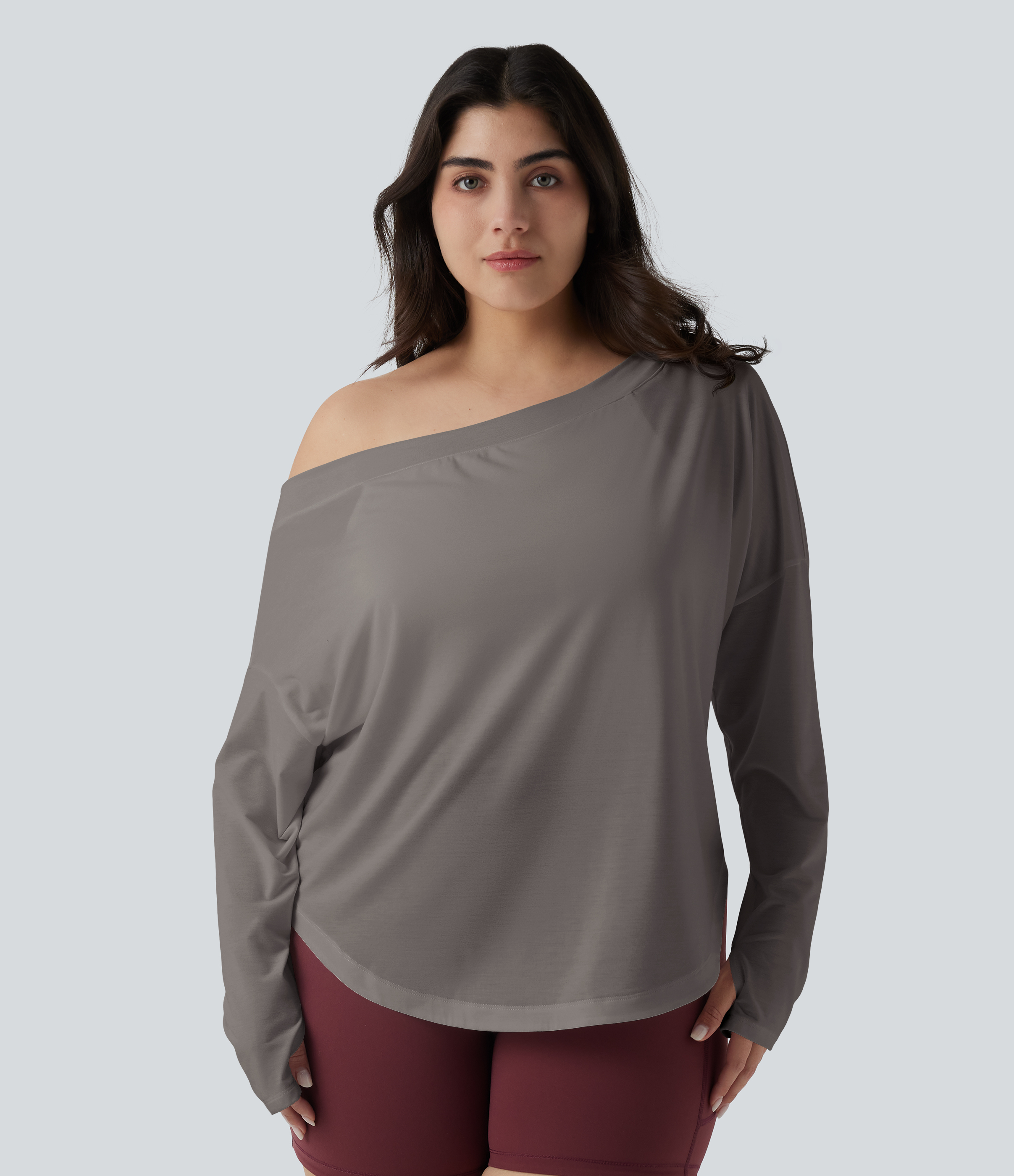 One Shoulder Long Sleeve Thumb Hole Curved Hem High Low Quick Dry Yoga Sports Top-Built-in Bra - Steel Gray