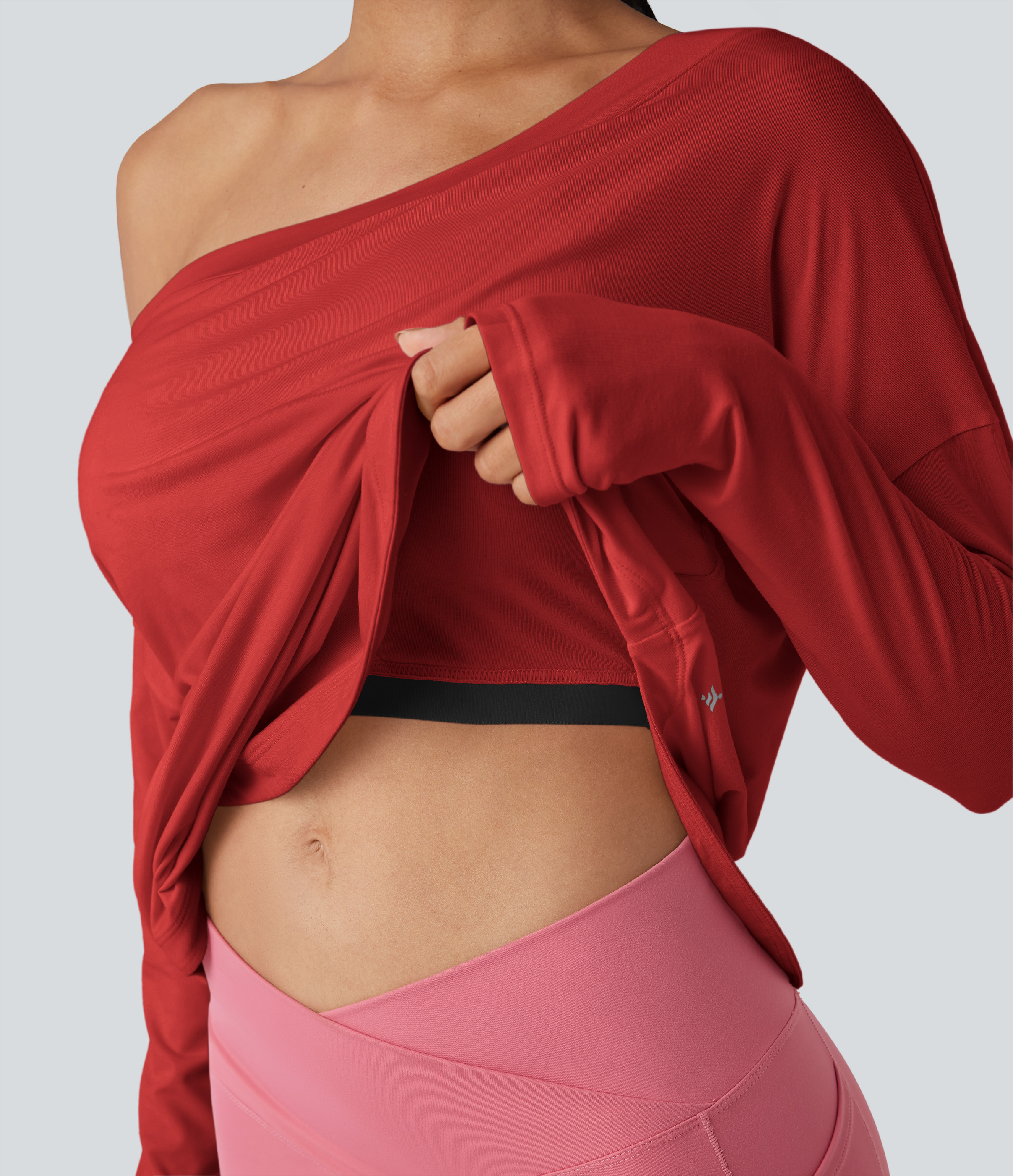 One Shoulder Long Sleeve Thumb Hole Curved Hem High Low Quick Dry Yoga Sports Top-Built-in Bra - Aura Orange