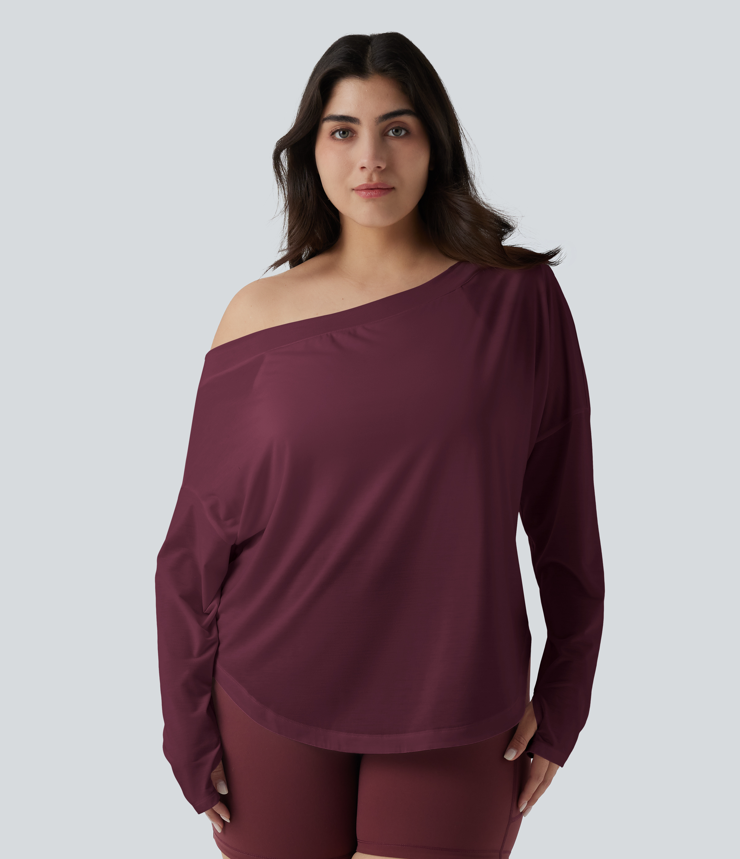 One Shoulder Long Sleeve Thumb Hole Curved Hem High Low Quick Dry Yoga Sports Top-Built-in Bra - Tibetan Red