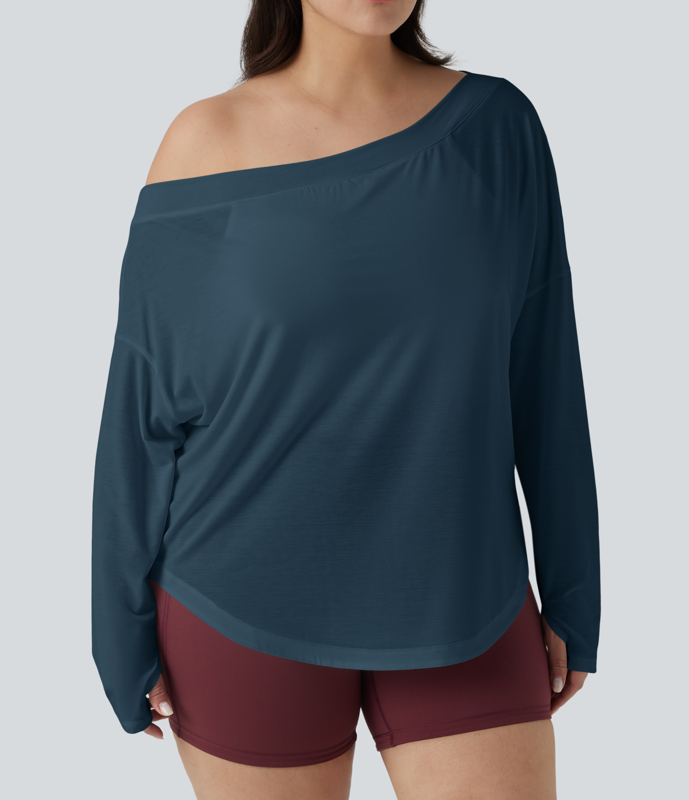 One Shoulder Long Sleeve Thumb Hole Curved Hem High Low Quick Dry Yoga Sports Top-Built-in Bra - Majolica Blue