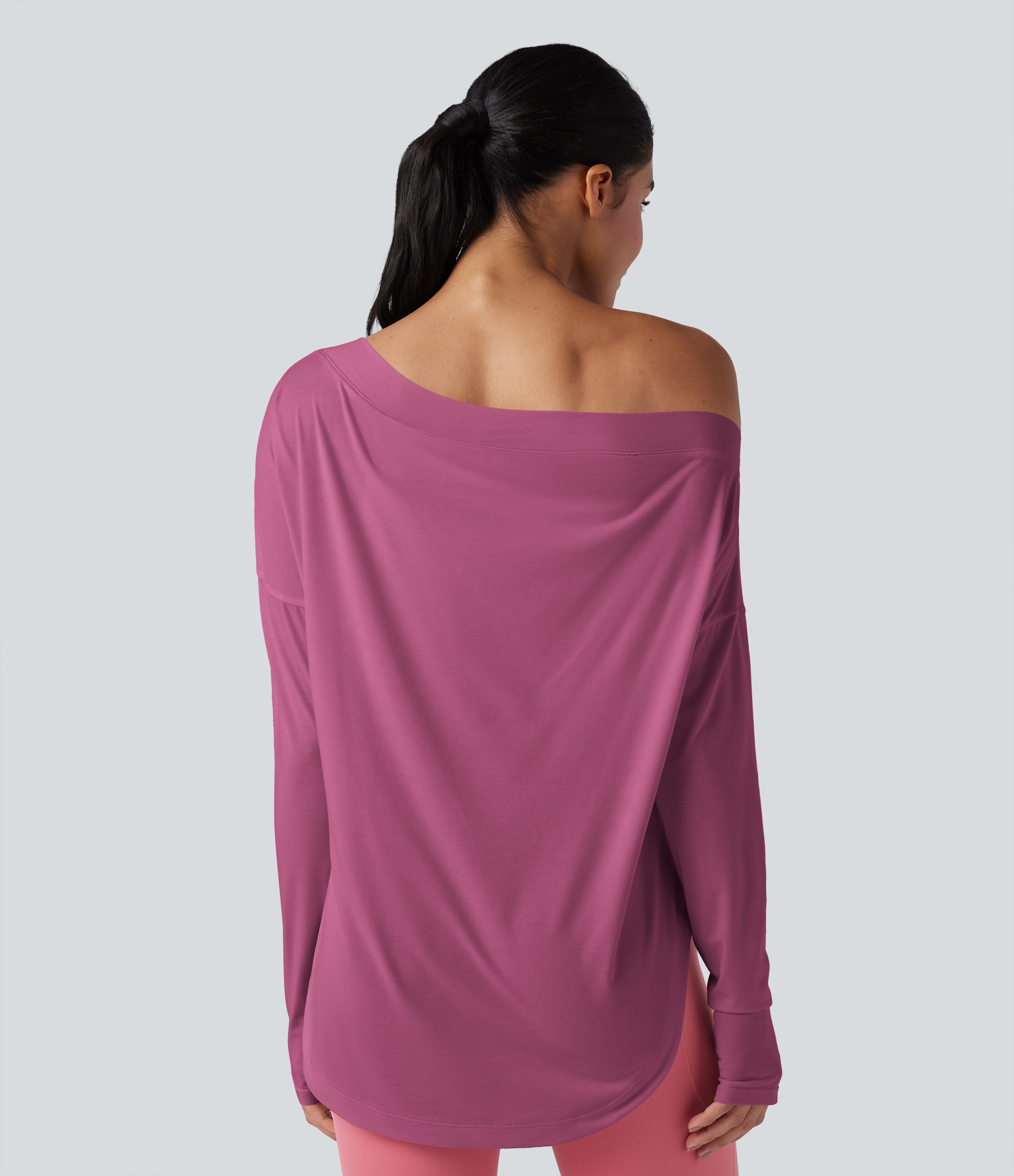 One Shoulder Long Sleeve Thumb Hole Curved Hem High Low Quick Dry Yoga Sports Top-Built-in Bra - Fuchsia Fedora