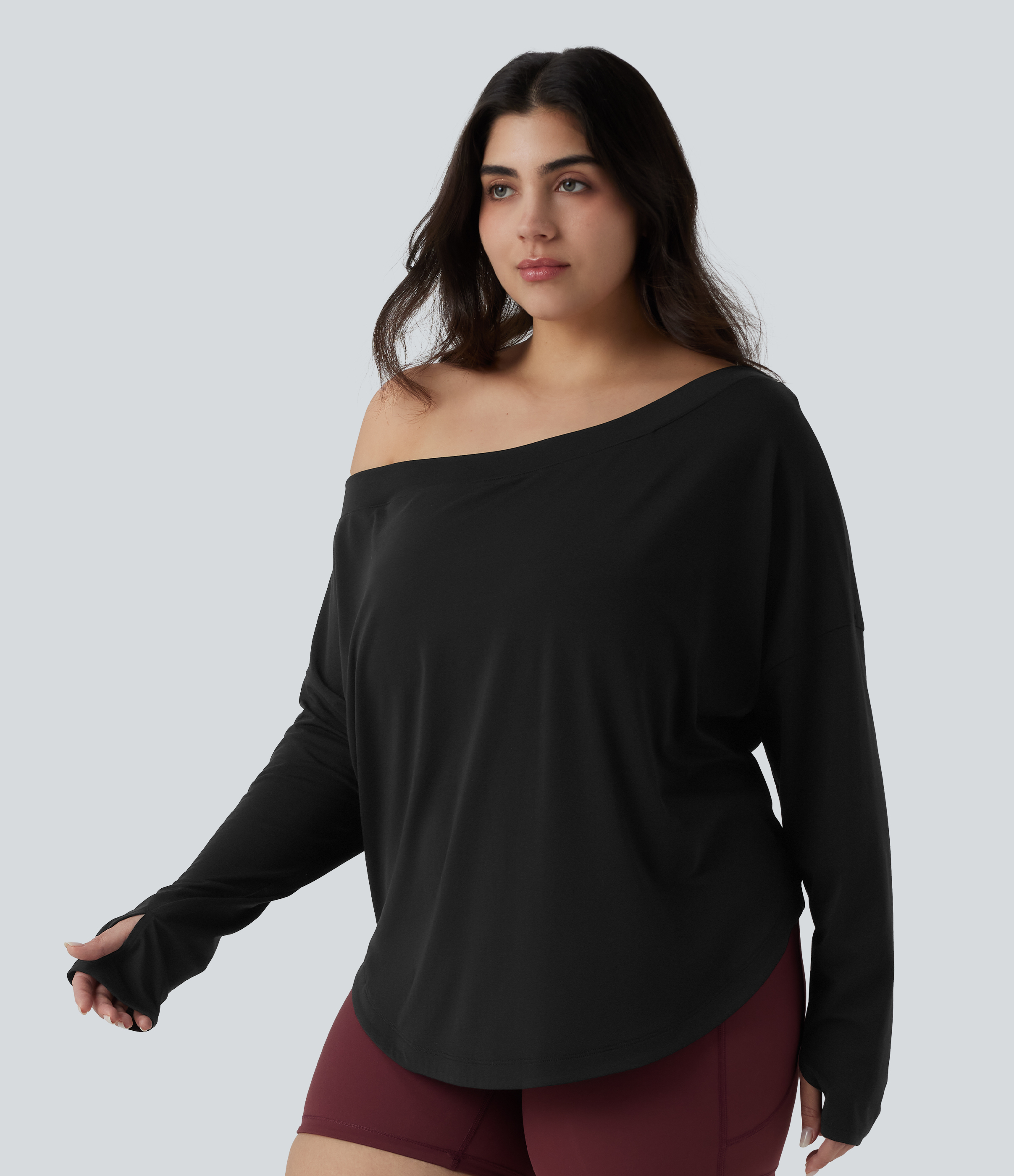 One Shoulder Long Sleeve Thumb Hole Curved Hem High Low Quick Dry Yoga Sports Top-Built-in Bra - Black