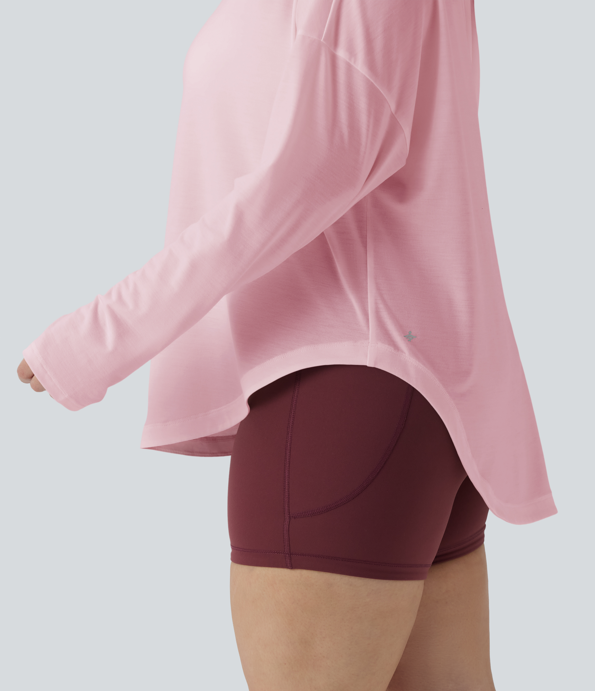 One Shoulder Long Sleeve Thumb Hole Curved Hem High Low Quick Dry Yoga Sports Top-Built-in Bra - Pale Lilac