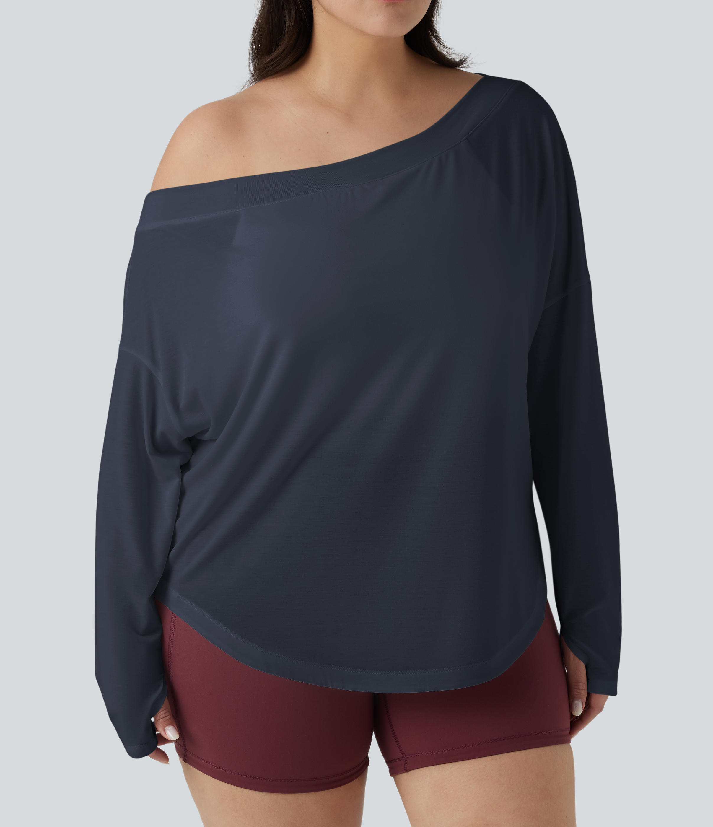 One Shoulder Long Sleeve Thumb Hole Curved Hem High Low Quick Dry Yoga Sports Top-Built-in Bra - Mood Indigo