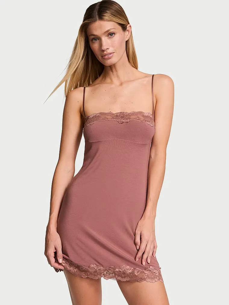 Modal Soft & Lace Trim Straight-Neck Slip Dress