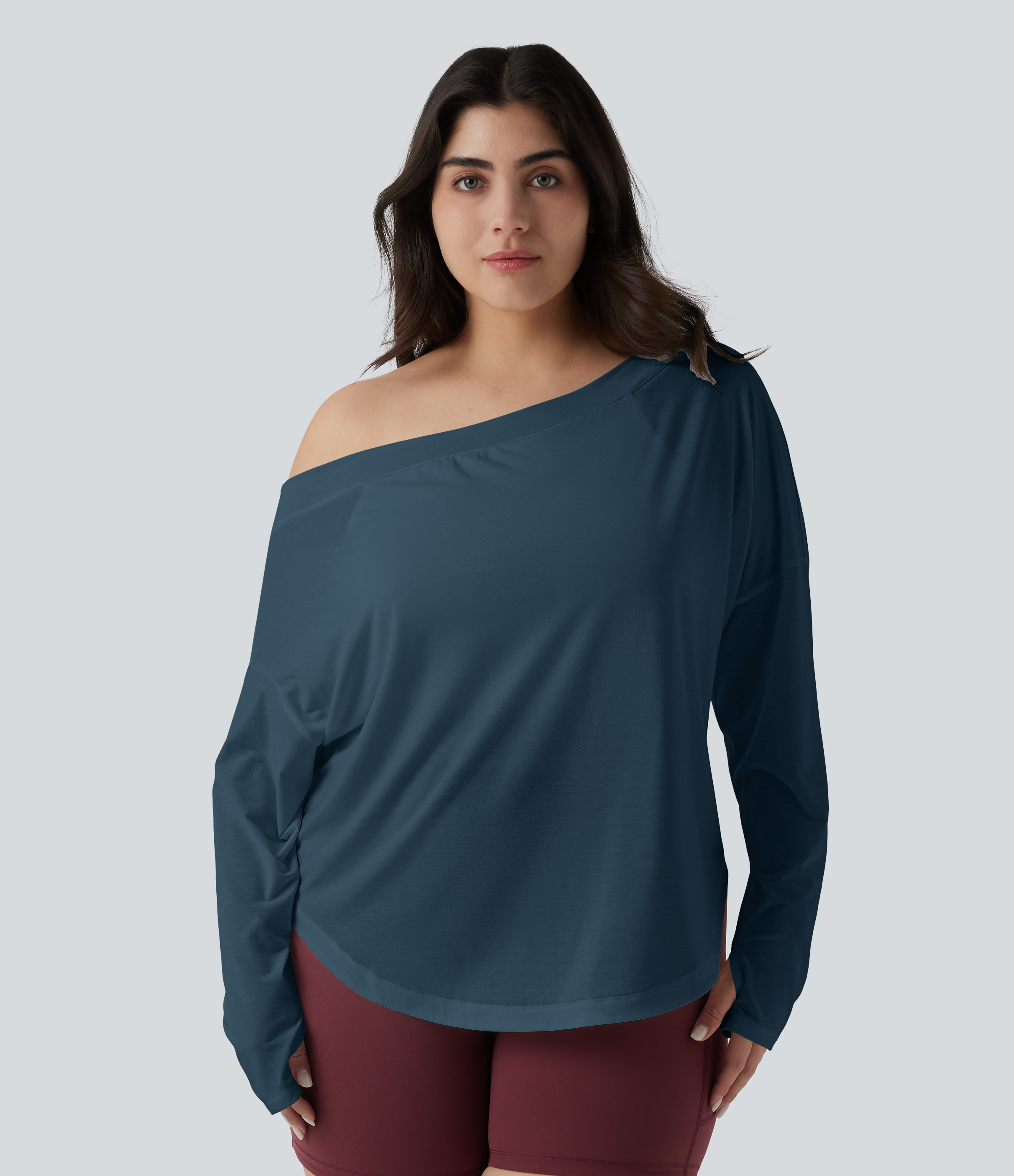 One Shoulder Long Sleeve Thumb Hole Curved Hem High Low Quick Dry Yoga Sports Top-Built-in Bra - Majolica Blue