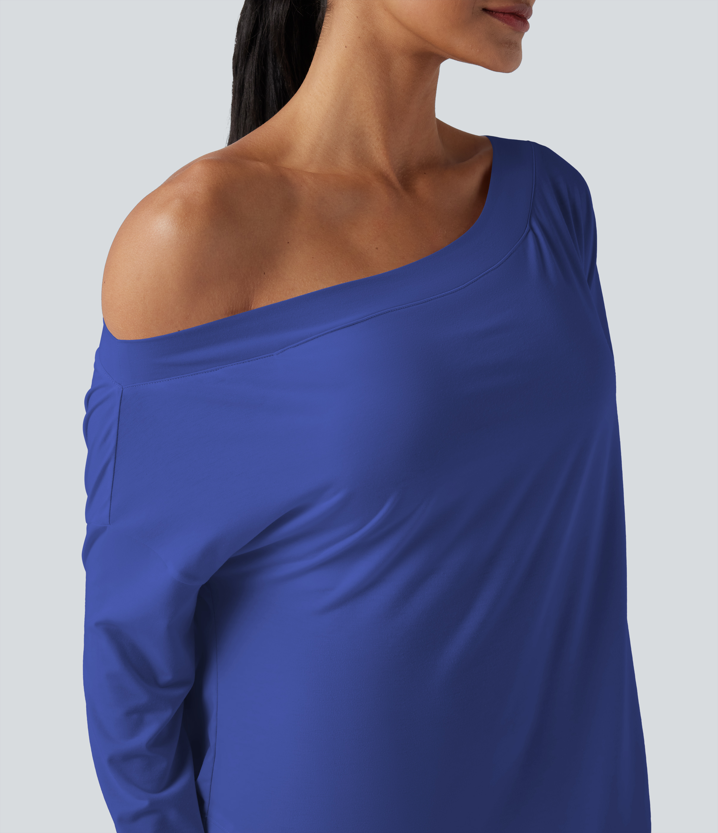 One Shoulder Long Sleeve Thumb Hole Curved Hem High Low Quick Dry Yoga Sports Top-Built-in Bra - Dazzling Blue