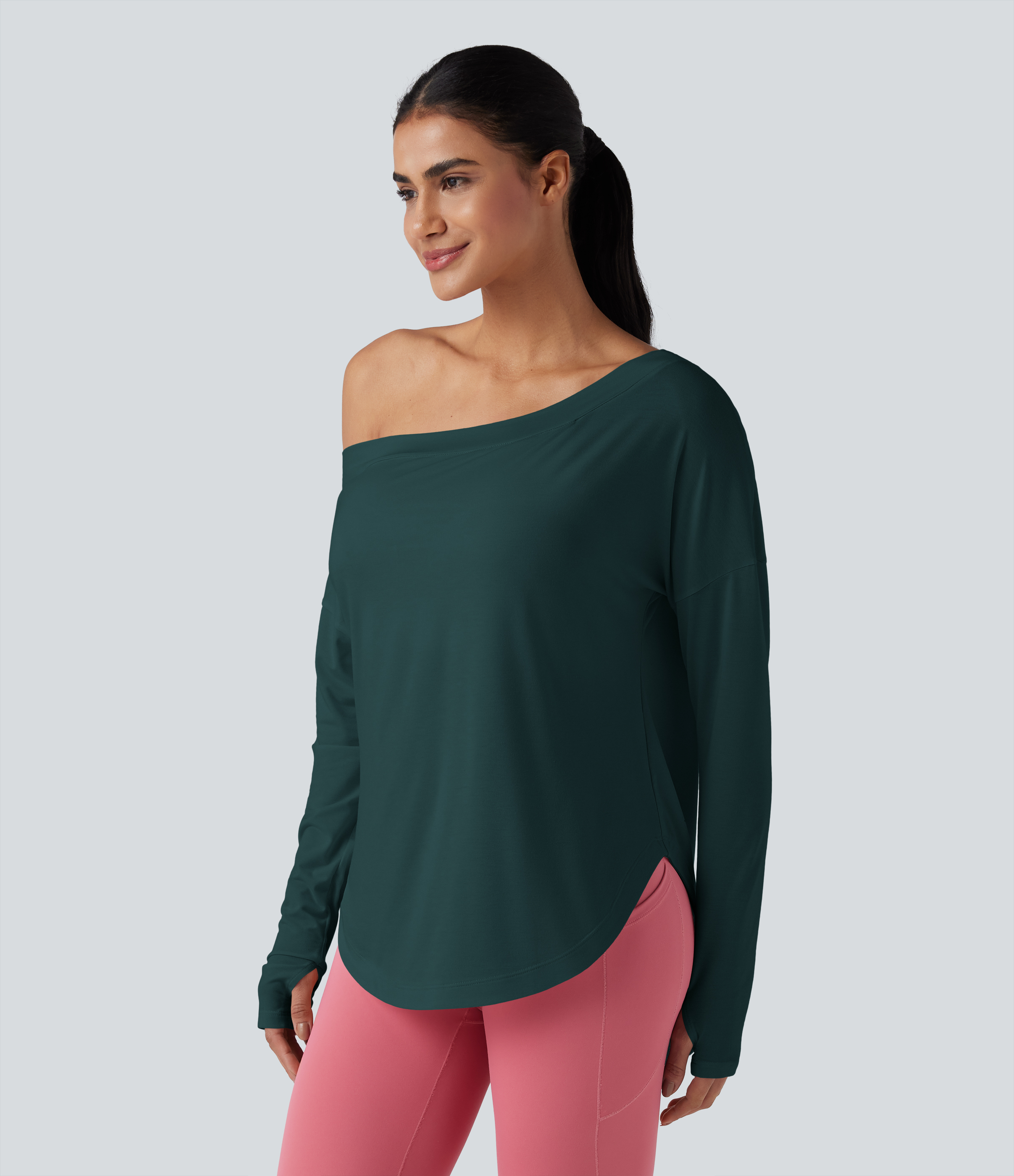 One Shoulder Long Sleeve Thumb Hole Curved Hem High Low Quick Dry Yoga Sports Top-Built-in Bra - Copper Green
