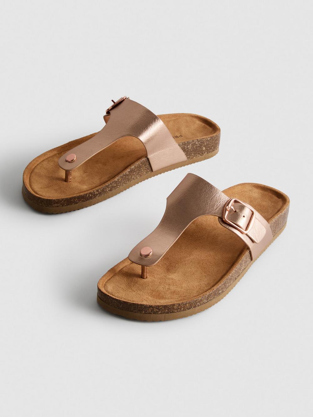 T-Bar Buckle Toe Post Sandals - Bronze