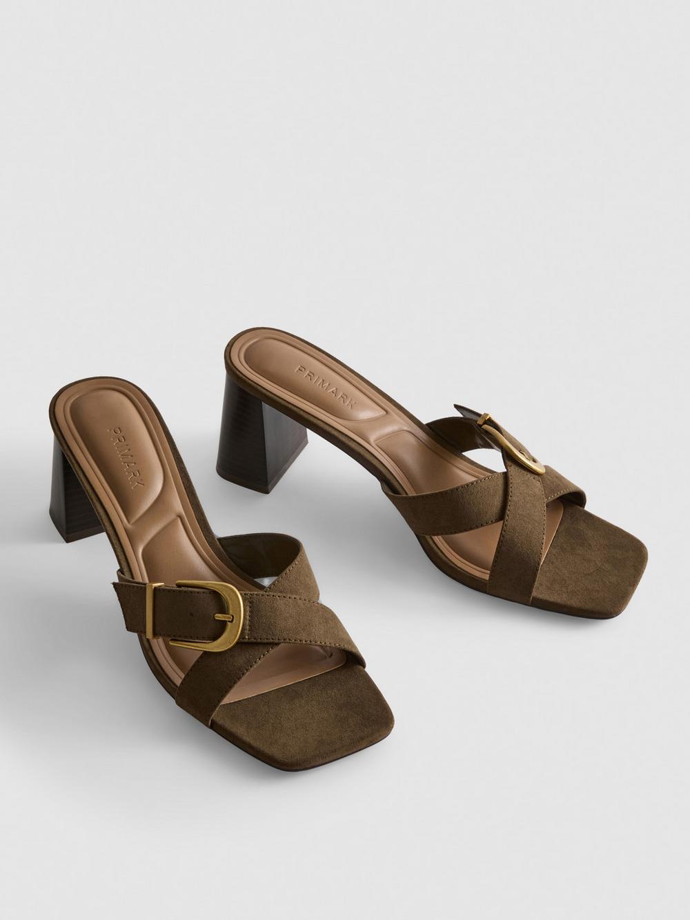 Buckle Block Heel Mule Sandals - Olive