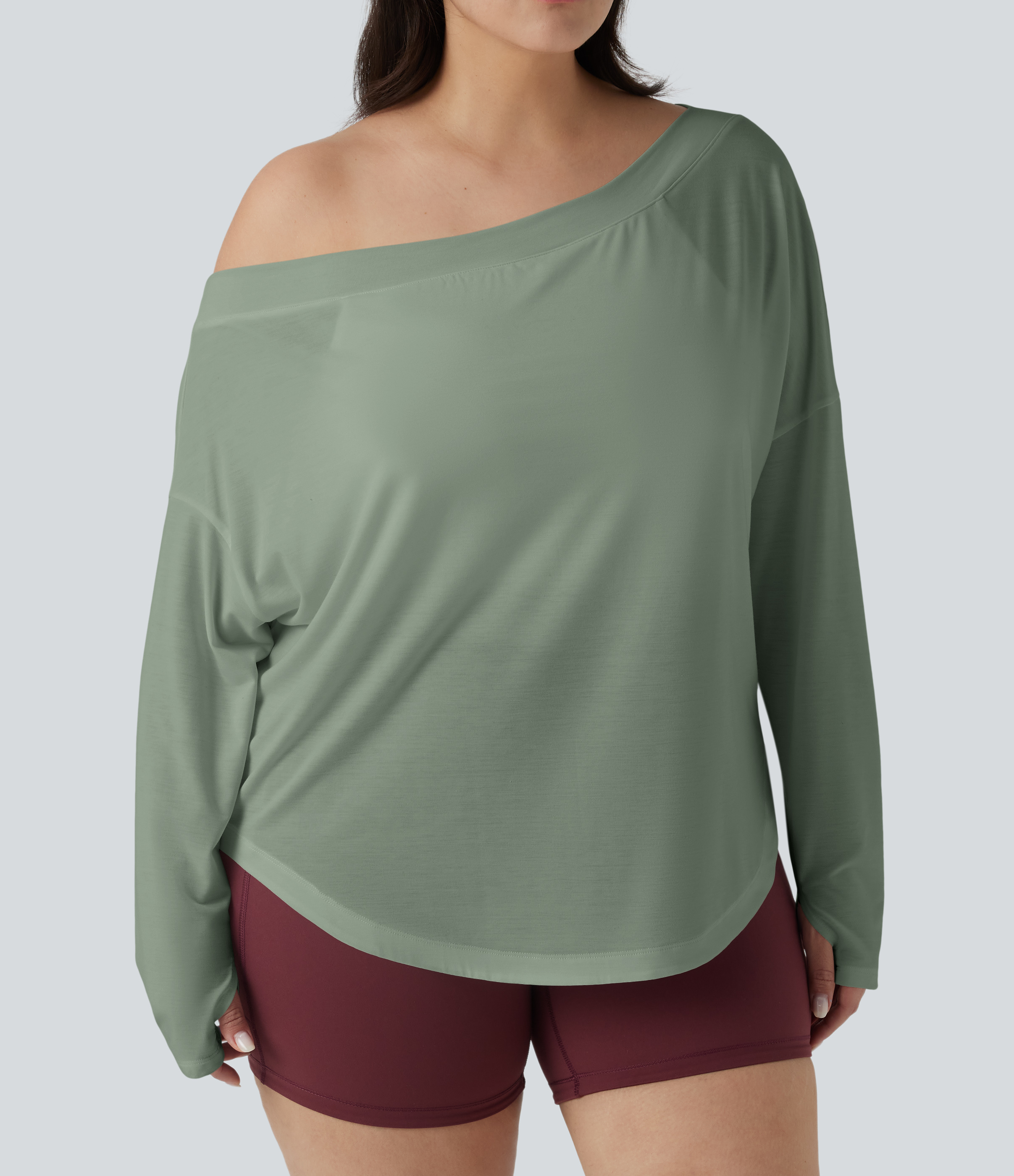 One Shoulder Long Sleeve Thumb Hole Curved Hem High Low Quick Dry Yoga Sports Top-Built-in Bra - Iceberg Green
