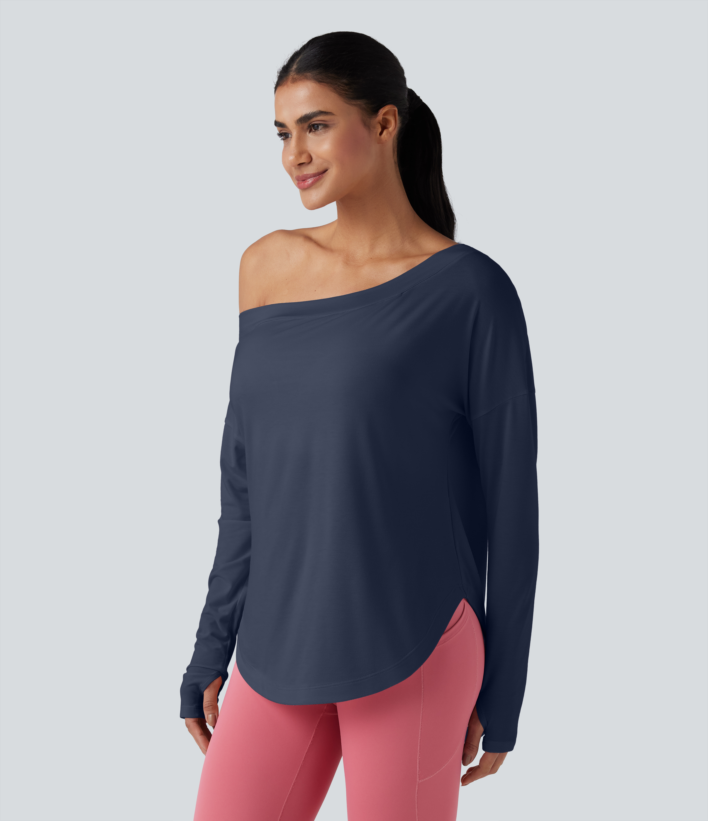 One Shoulder Long Sleeve Thumb Hole Curved Hem High Low Quick Dry Yoga Sports Top-Built-in Bra - Mood Indigo