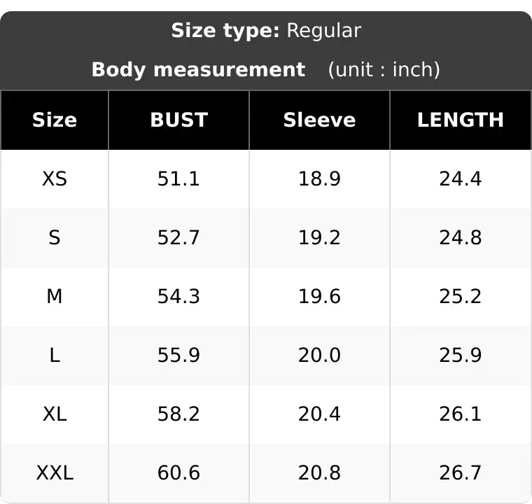Original supplier XS to XXL size chart in inches