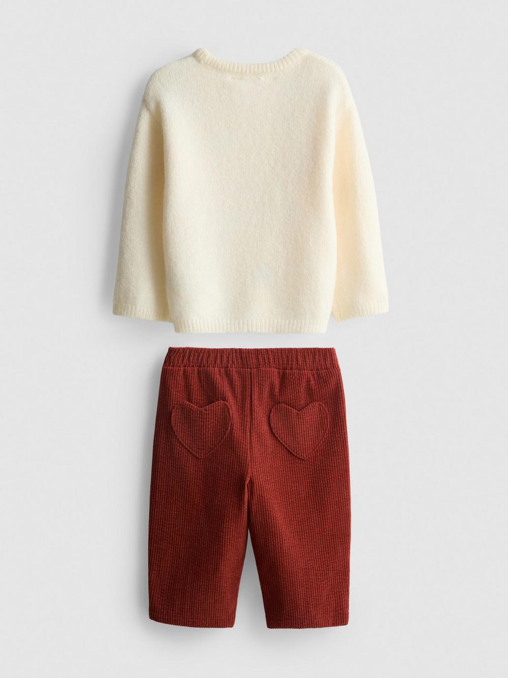 0-18mths | Embroidered Sweater and Pants Newborn Set - Cream