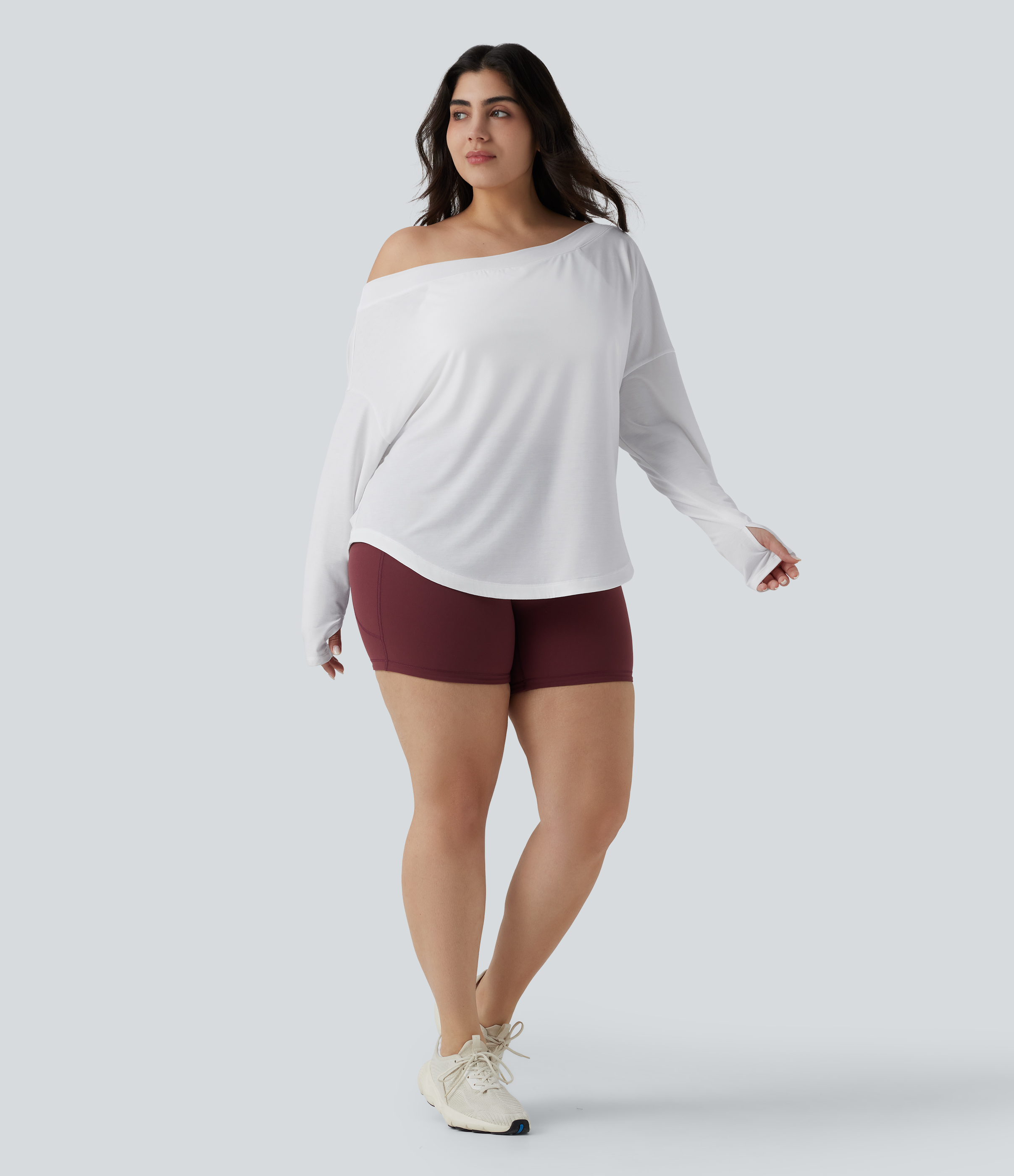 One Shoulder Long Sleeve Thumb Hole Curved Hem High Low Quick Dry Yoga Sports Top-Built-in Bra - White