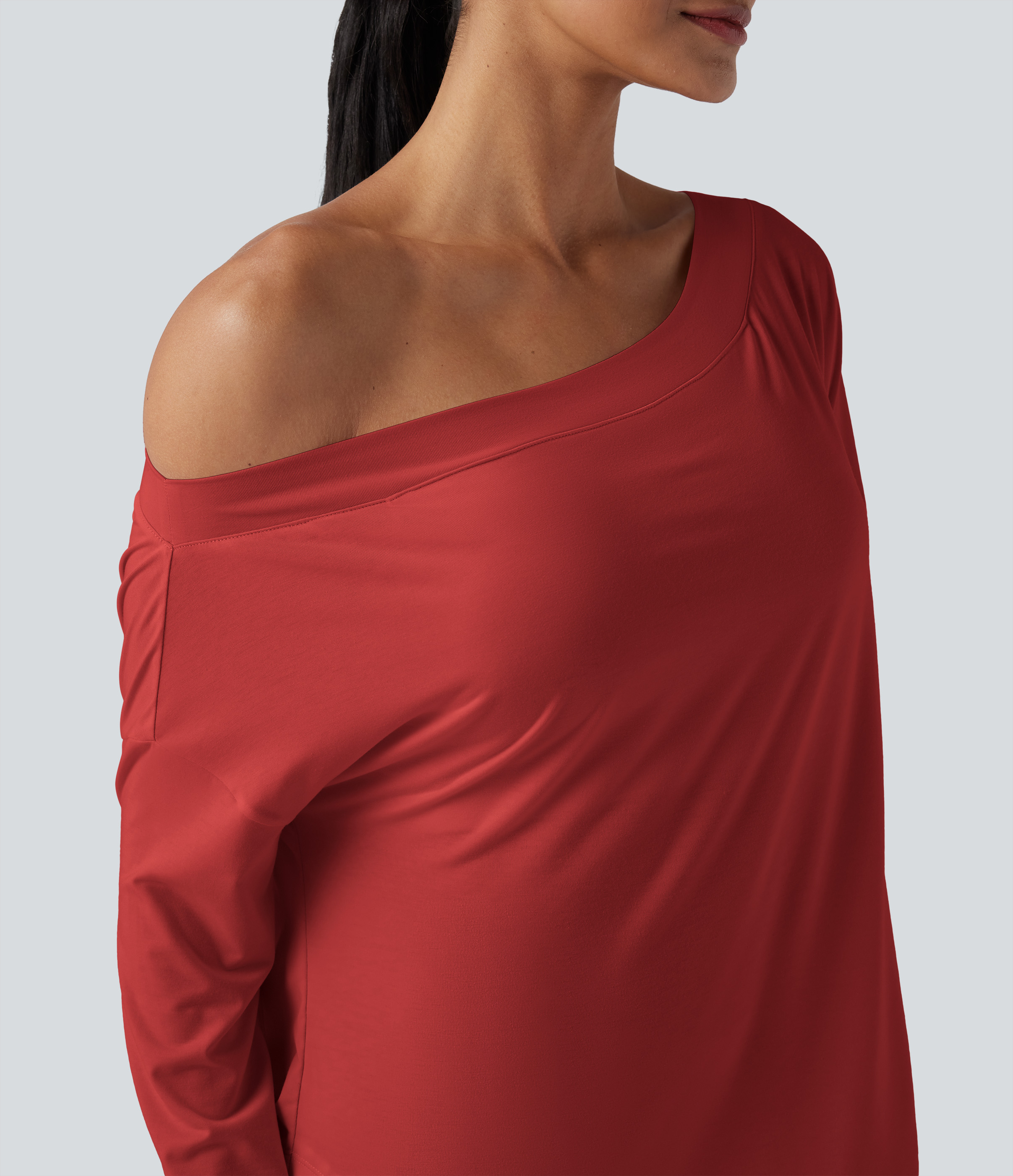 One Shoulder Long Sleeve Thumb Hole Curved Hem High Low Quick Dry Yoga Sports Top-Built-in Bra - Aura Orange