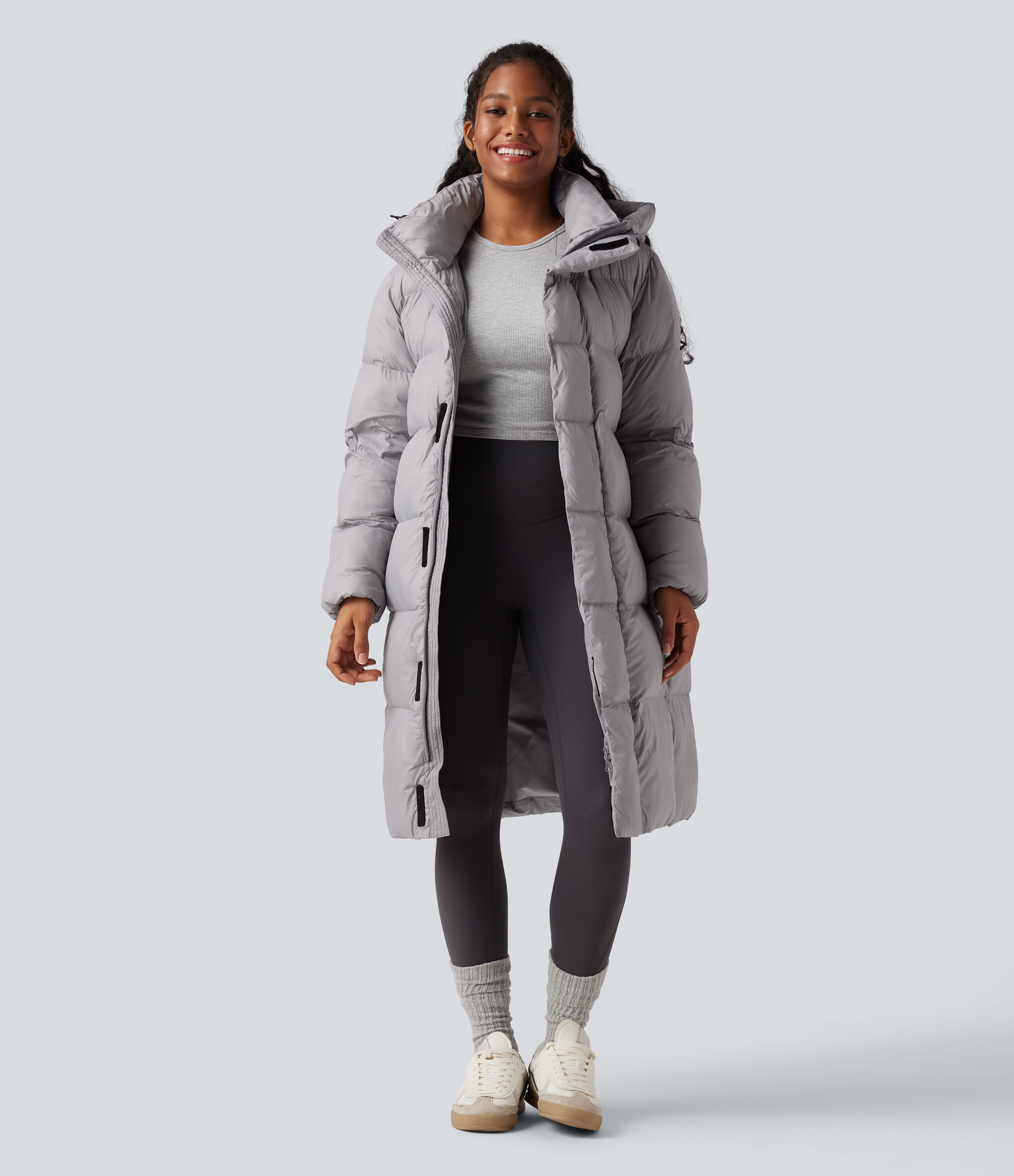 Hooded Long Sleeve Zipper Longline Casual Puffer Jacket with Pockets