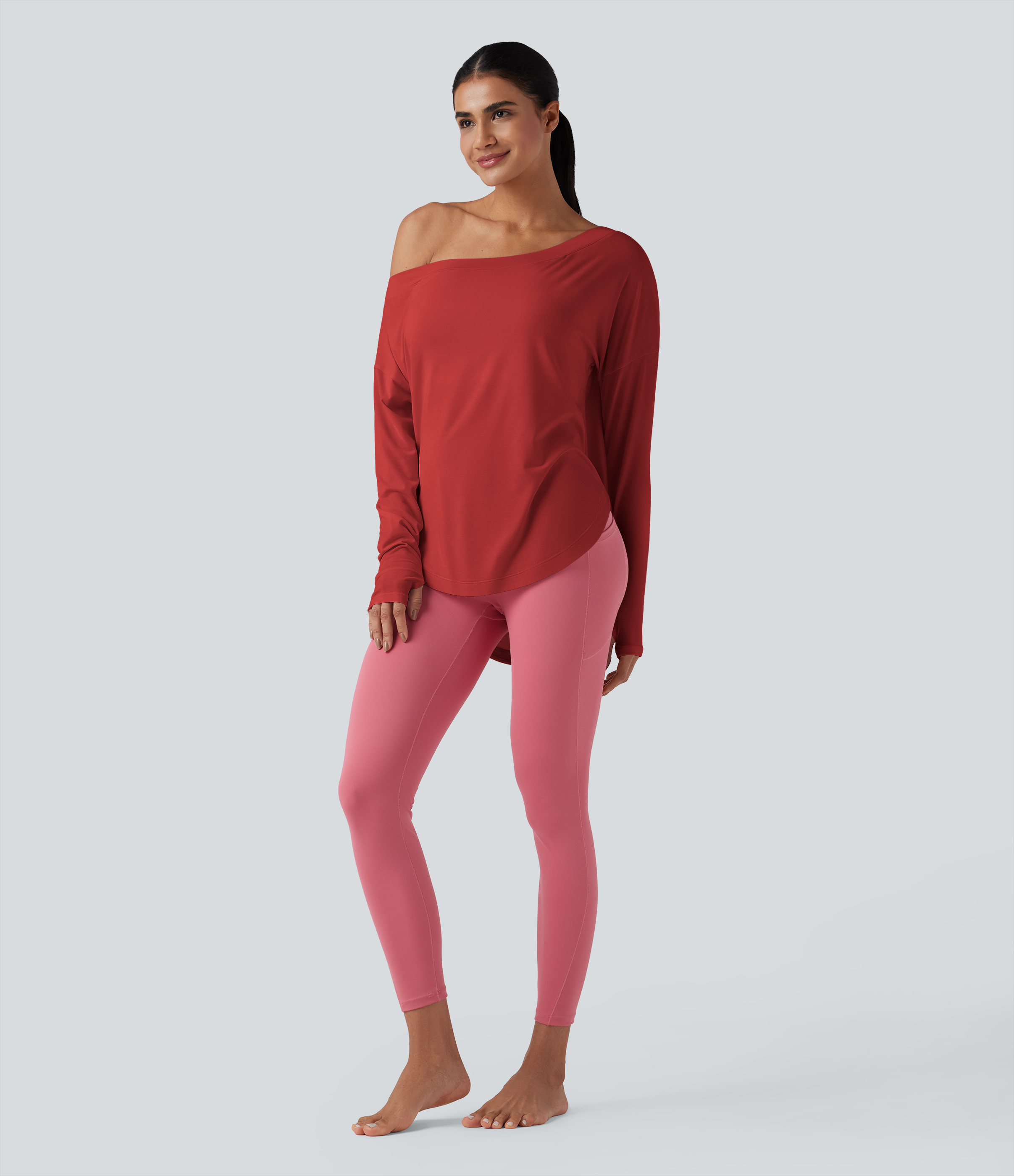 One Shoulder Long Sleeve Thumb Hole Curved Hem High Low Quick Dry Yoga Sports Top-Built-in Bra - Aura Orange