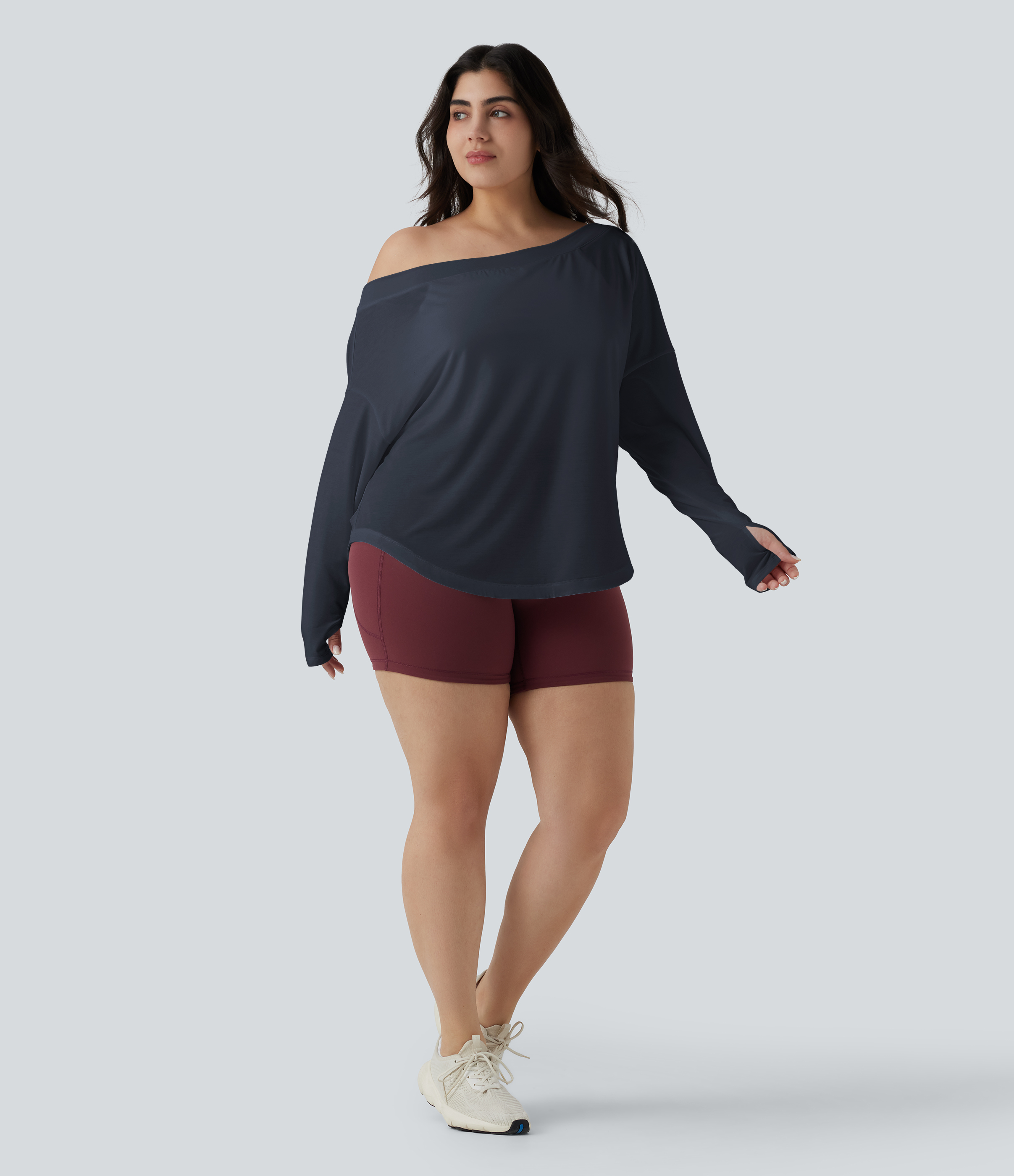 One Shoulder Long Sleeve Thumb Hole Curved Hem High Low Quick Dry Yoga Sports Top-Built-in Bra - Mood Indigo