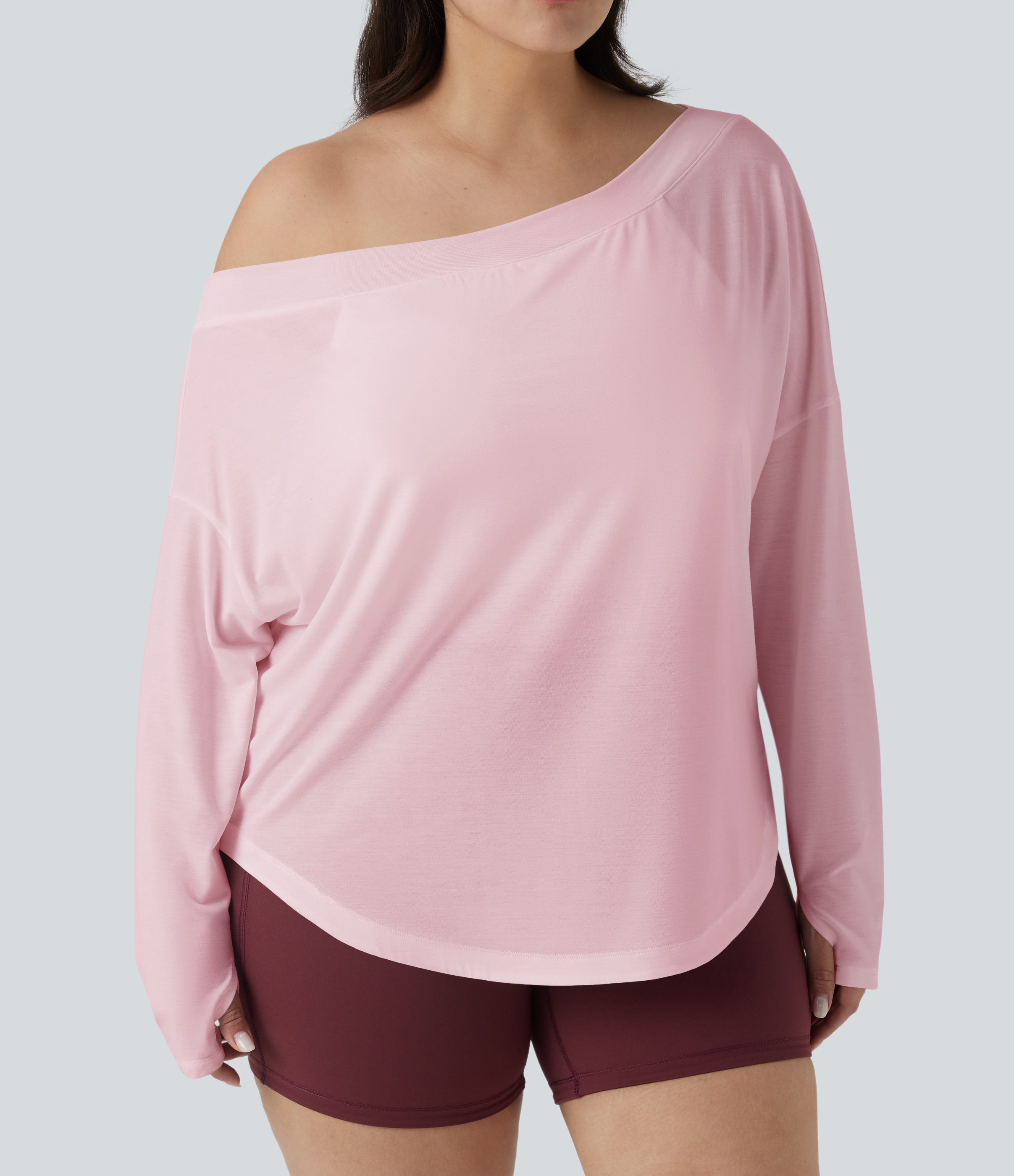 One Shoulder Long Sleeve Thumb Hole Curved Hem High Low Quick Dry Yoga Sports Top-Built-in Bra - Pale Lilac