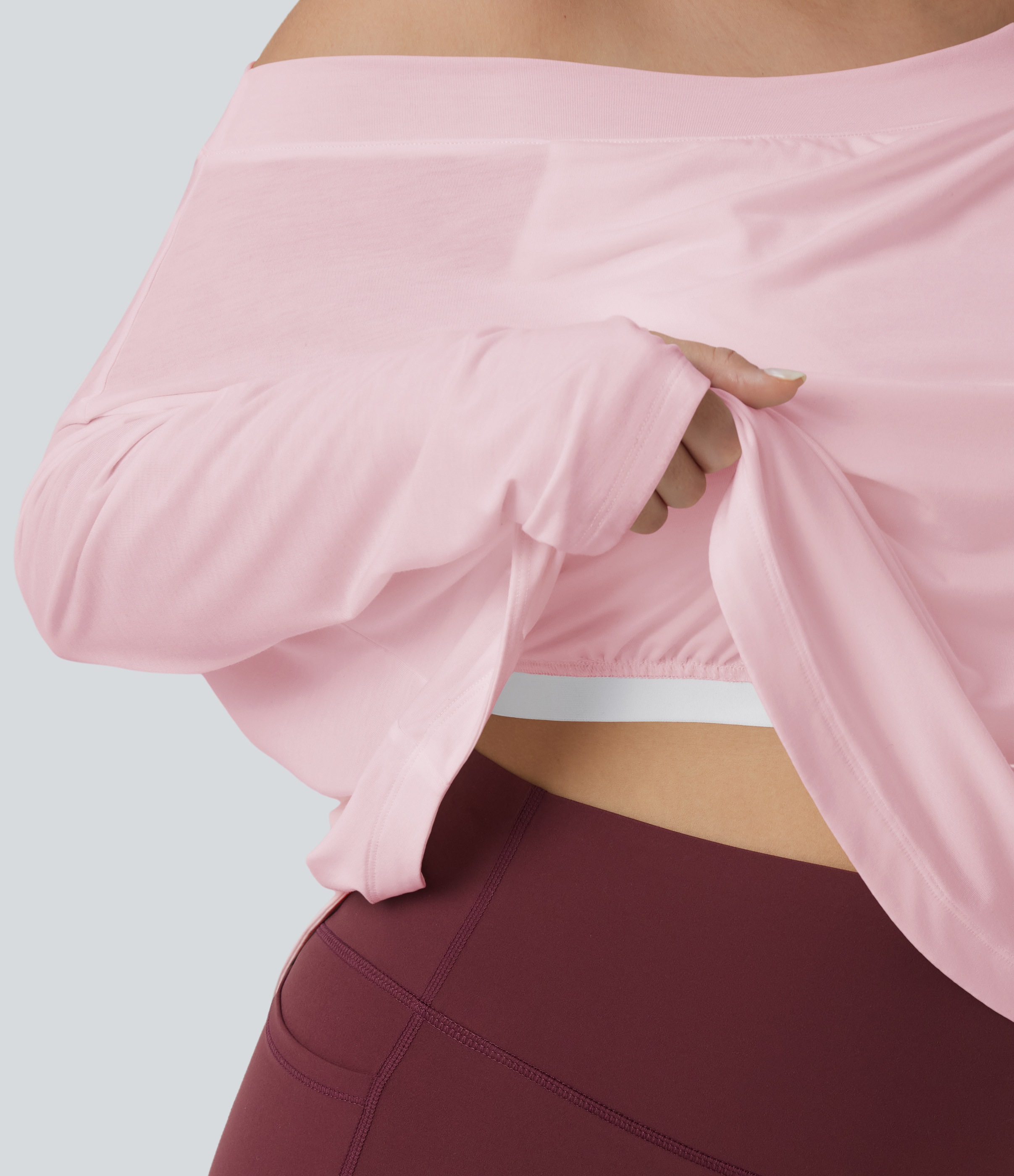 One Shoulder Long Sleeve Thumb Hole Curved Hem High Low Quick Dry Yoga Sports Top-Built-in Bra - Pale Lilac