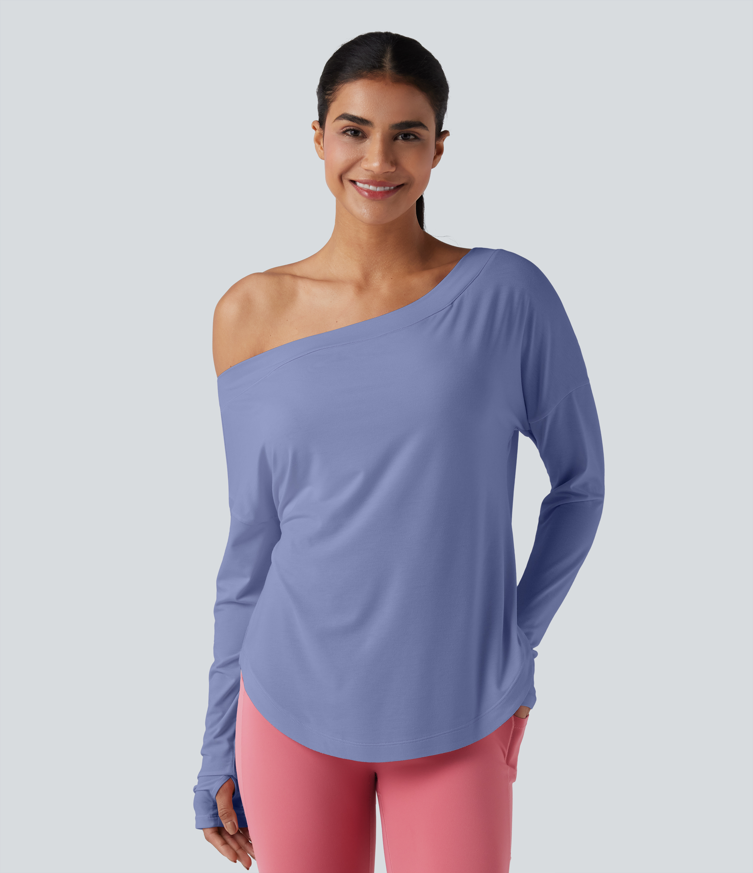 One Shoulder Long Sleeve Thumb Hole Curved Hem High Low Quick Dry Yoga Sports Top-Built-in Bra - Purple Impression