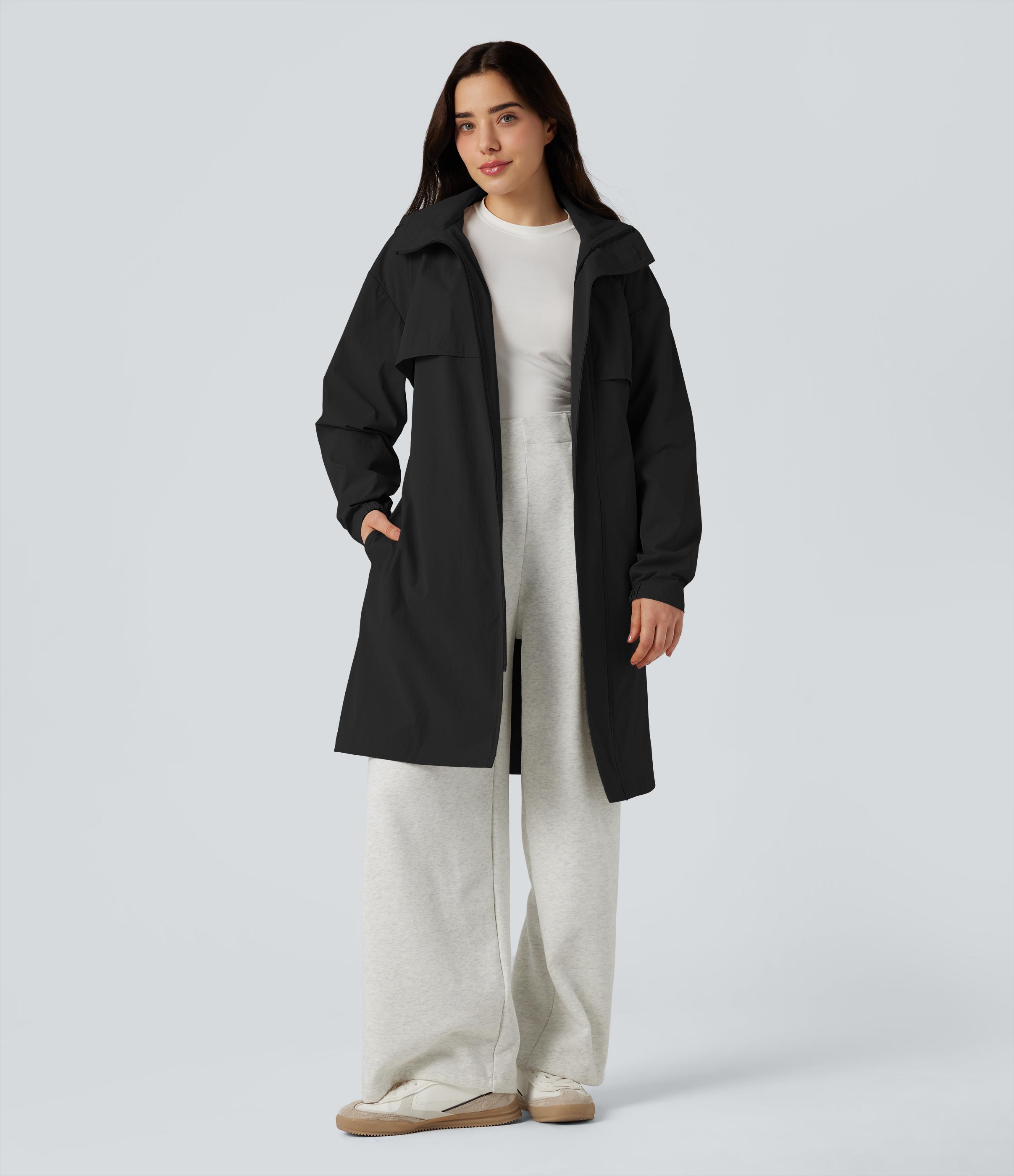 Water Repellent Hooded Belted Casual Trench Jacket with Pockets