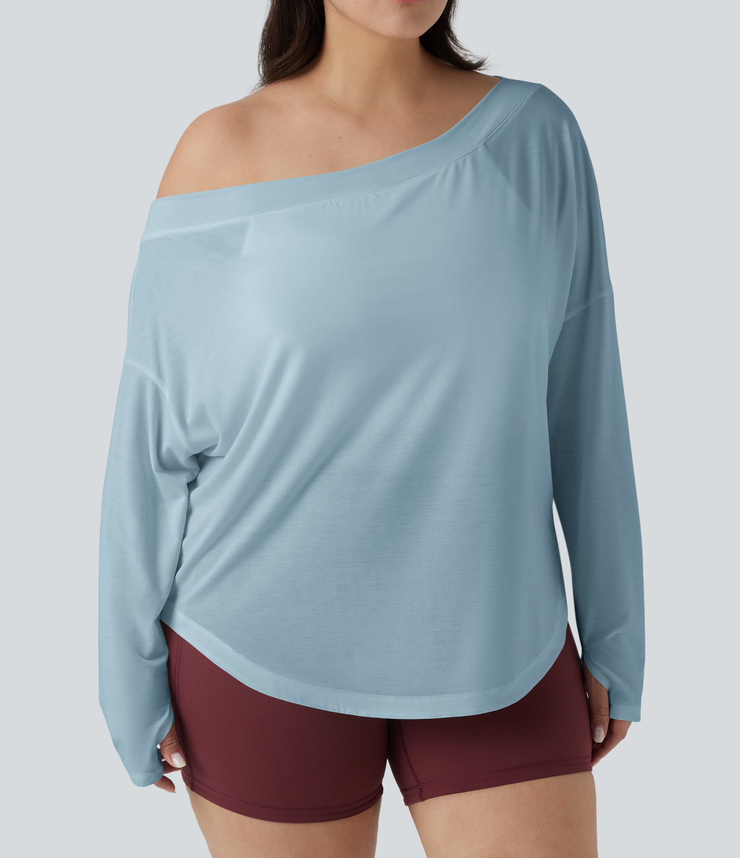 One Shoulder Long Sleeve Thumb Hole Curved Hem High Low Quick Dry Yoga Sports Top-Built-in Bra - Angel Falls