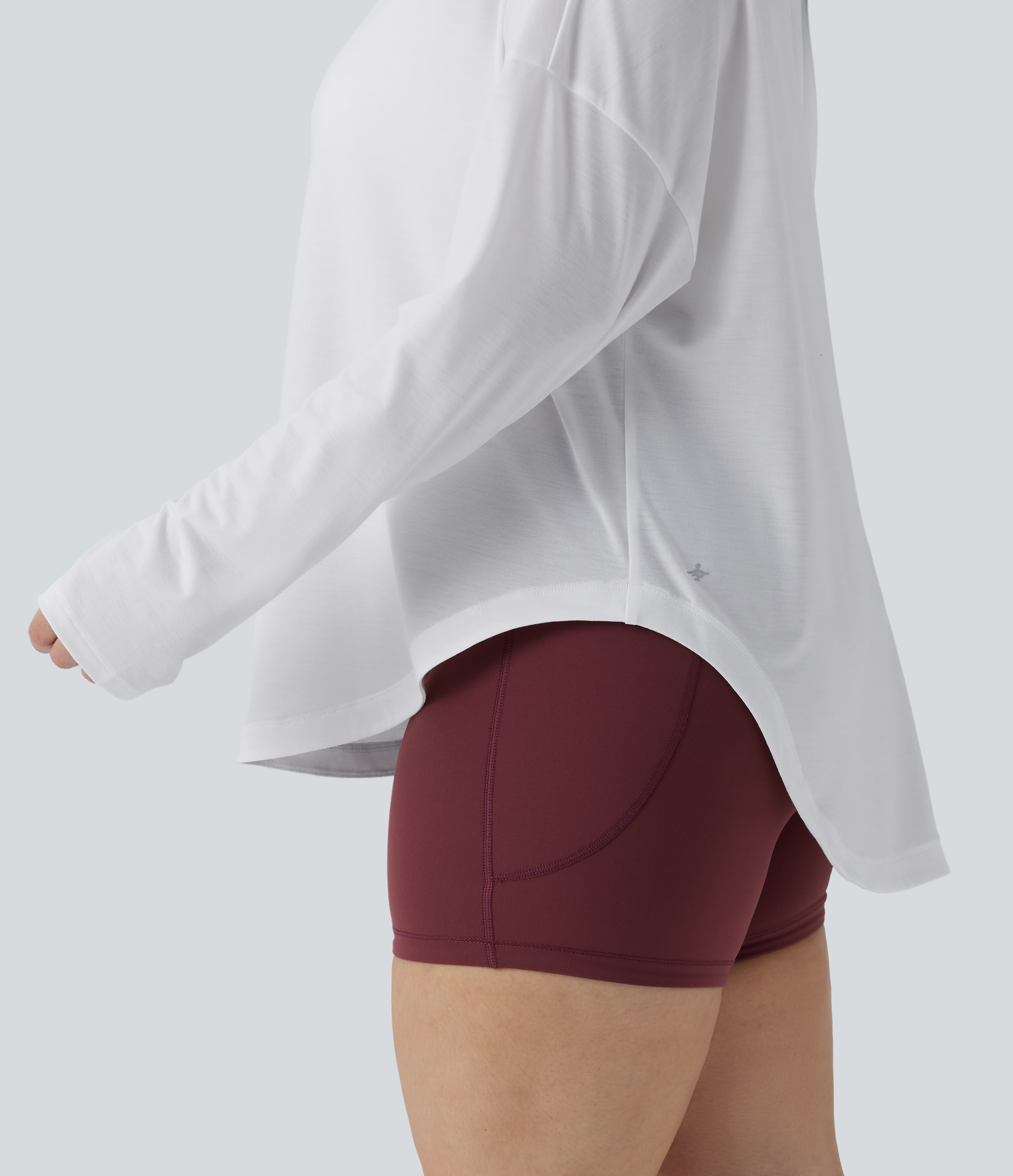 One Shoulder Long Sleeve Thumb Hole Curved Hem High Low Quick Dry Yoga Sports Top-Built-in Bra - White