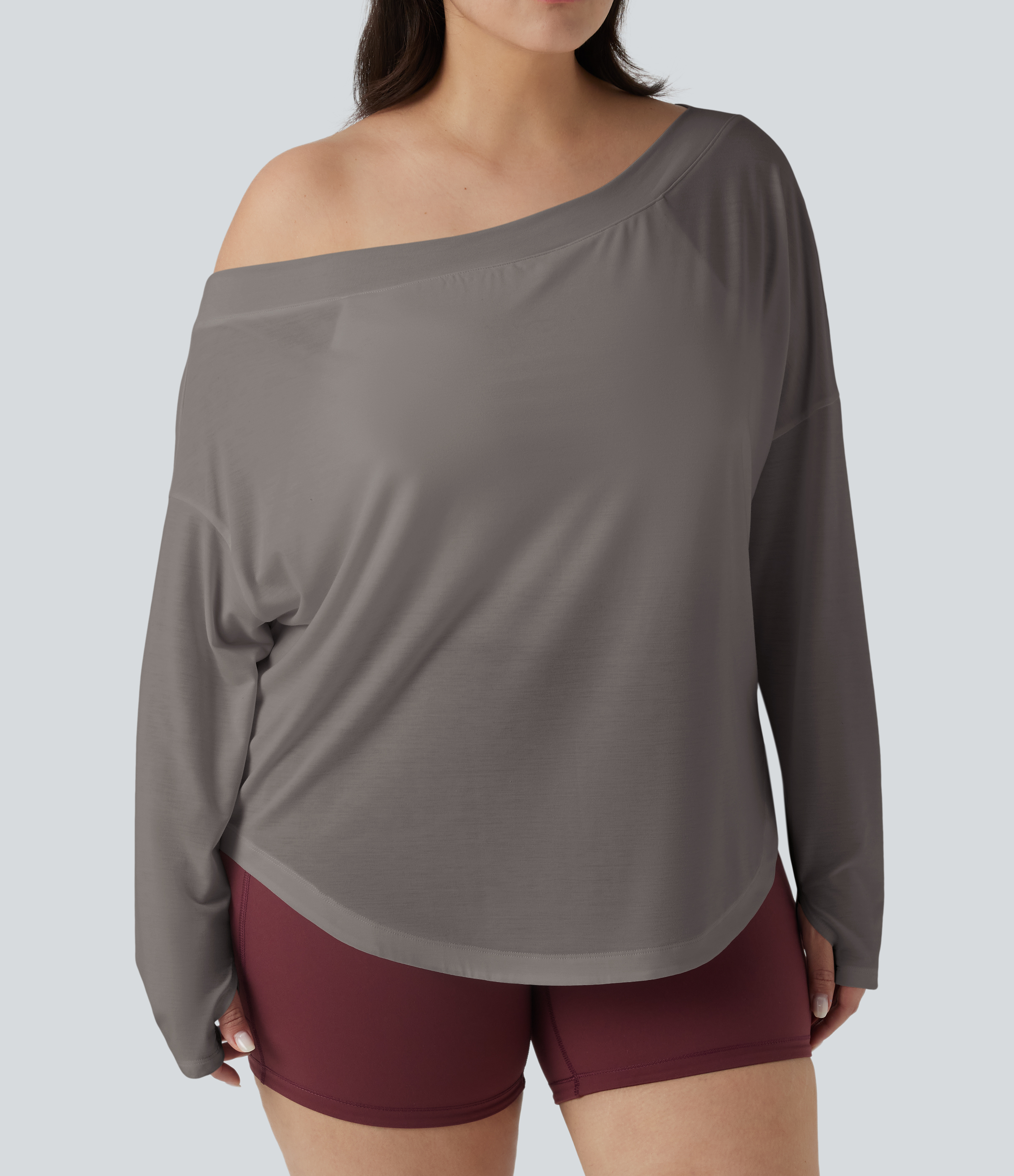 One Shoulder Long Sleeve Thumb Hole Curved Hem High Low Quick Dry Yoga Sports Top-Built-in Bra - Steel Gray