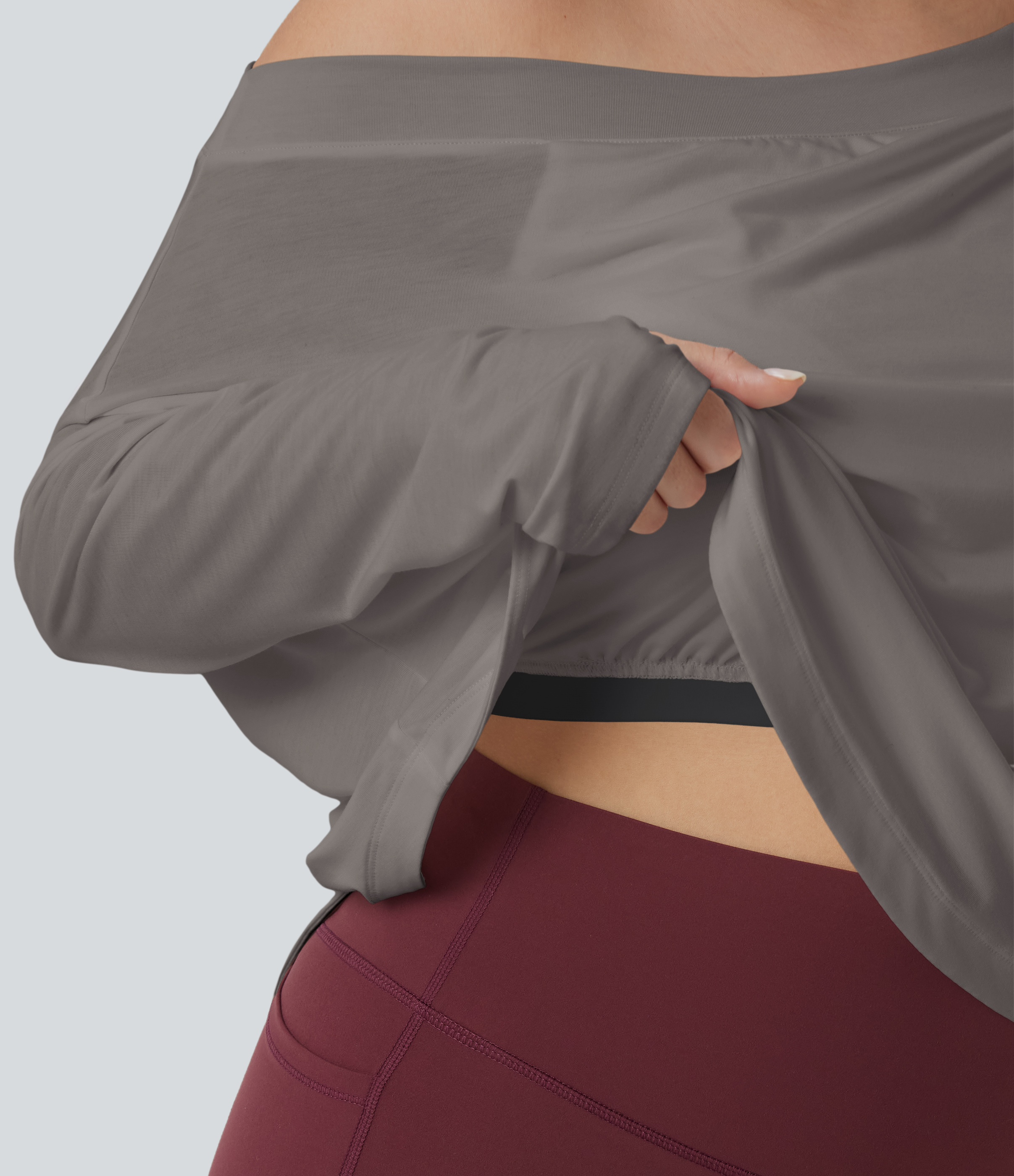 One Shoulder Long Sleeve Thumb Hole Curved Hem High Low Quick Dry Yoga Sports Top-Built-in Bra - Steel Gray