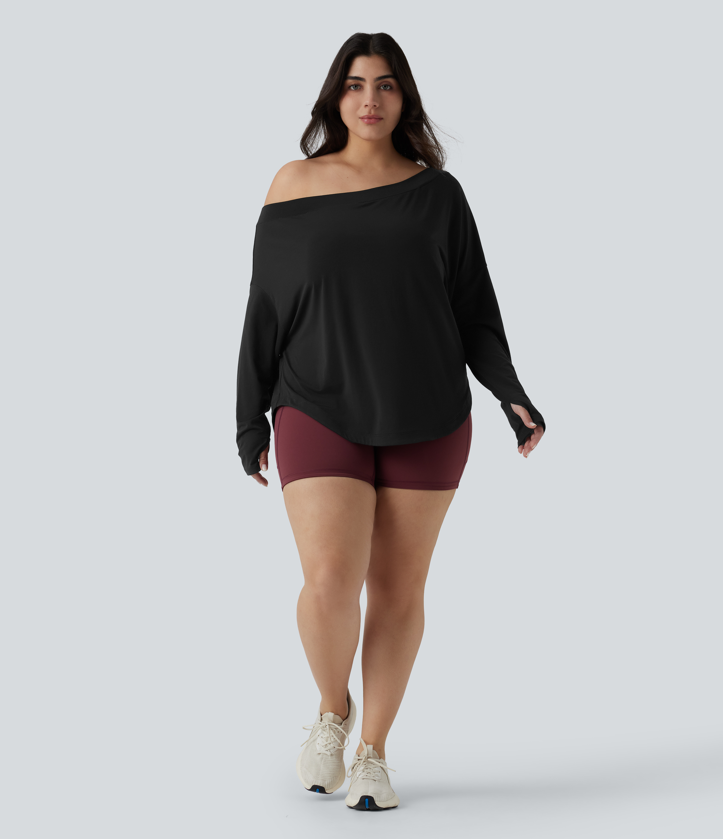 One Shoulder Long Sleeve Thumb Hole Curved Hem High Low Quick Dry Yoga Sports Top-Built-in Bra - Black