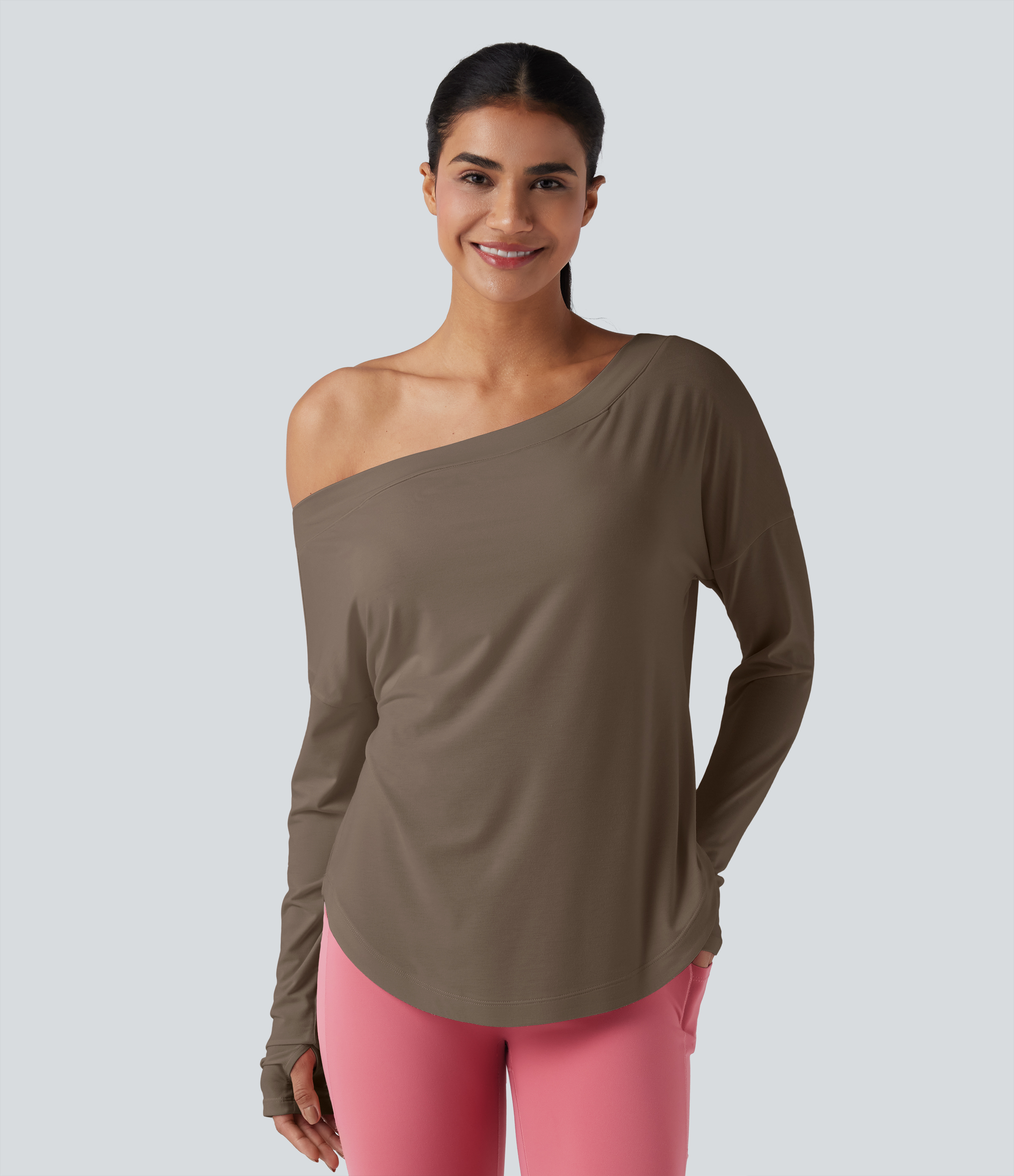 One Shoulder Long Sleeve Thumb Hole Curved Hem High Low Quick Dry Yoga Sports Top-Built-in Bra - Dawn Brown
