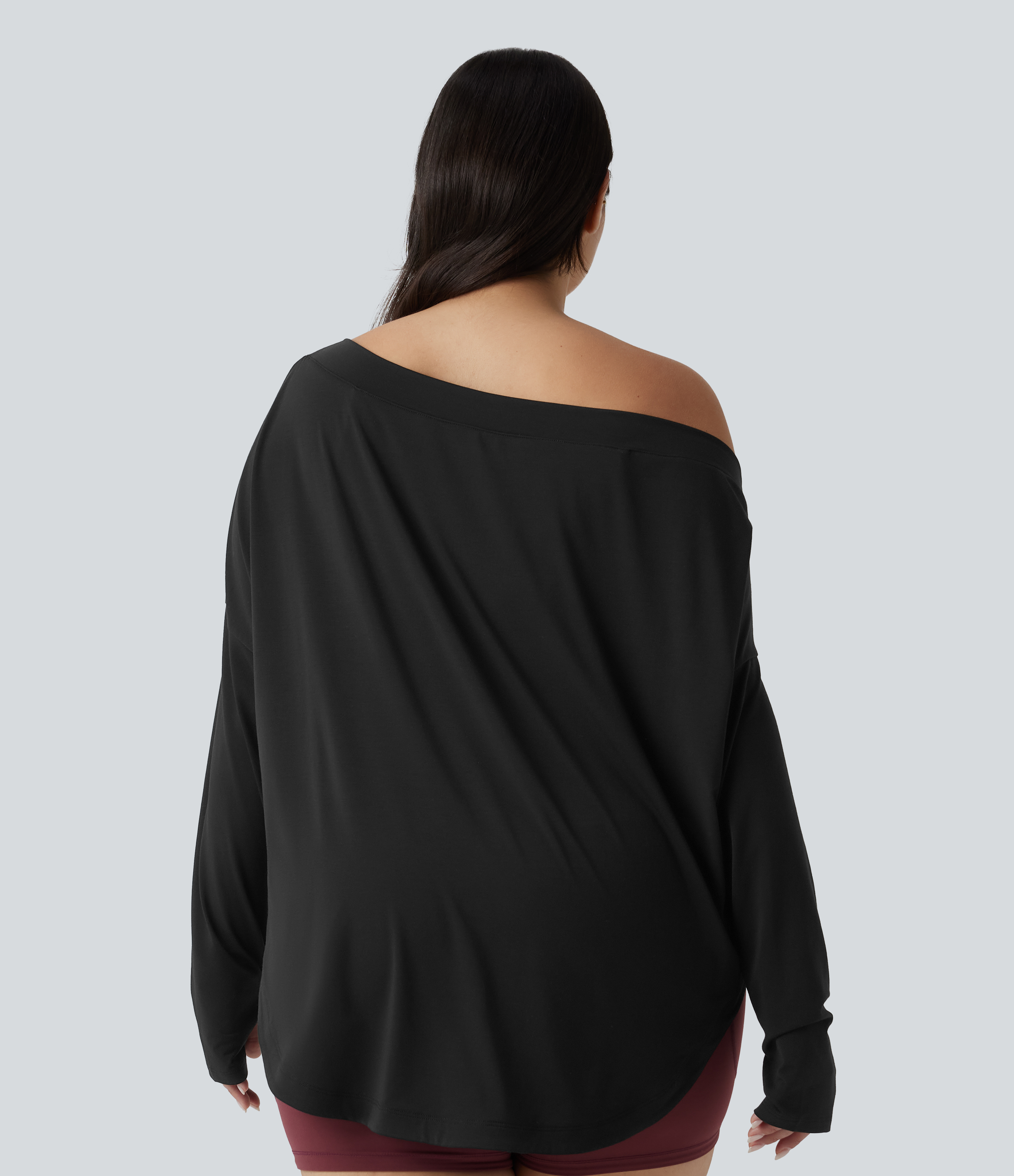 One Shoulder Long Sleeve Thumb Hole Curved Hem High Low Quick Dry Yoga Sports Top-Built-in Bra - Black