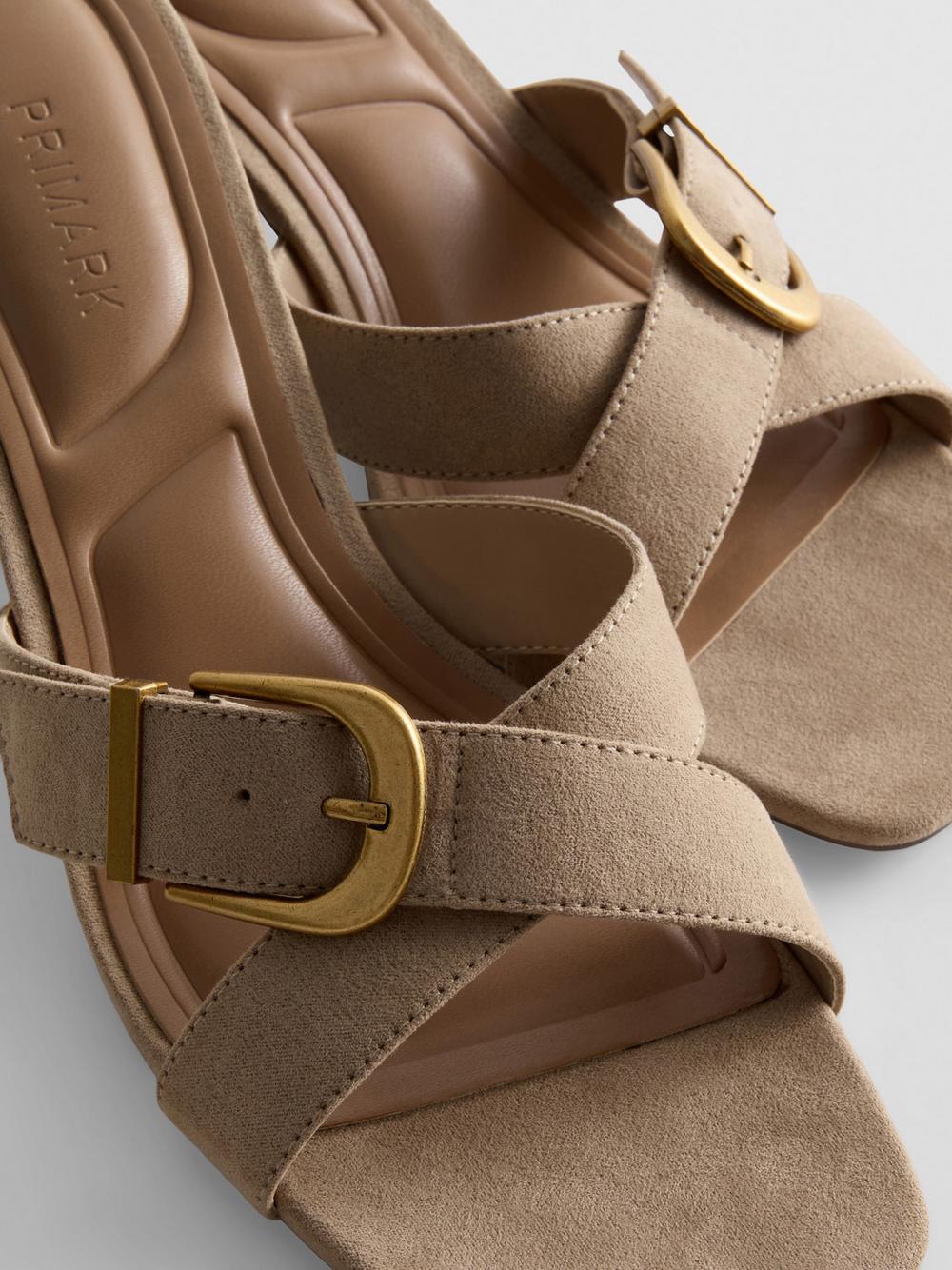 Buckle Block Heel Mule Sandals - Taupe