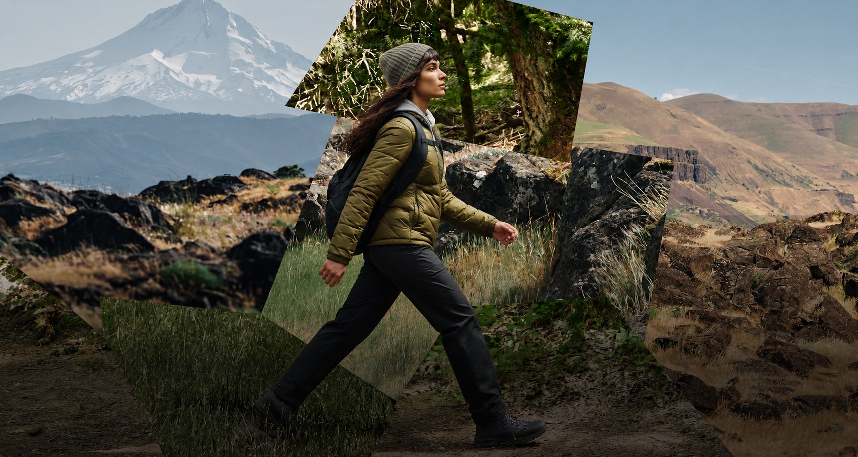 A woman walking in an olive jacket against outdoor mountain and forest backgrounds.