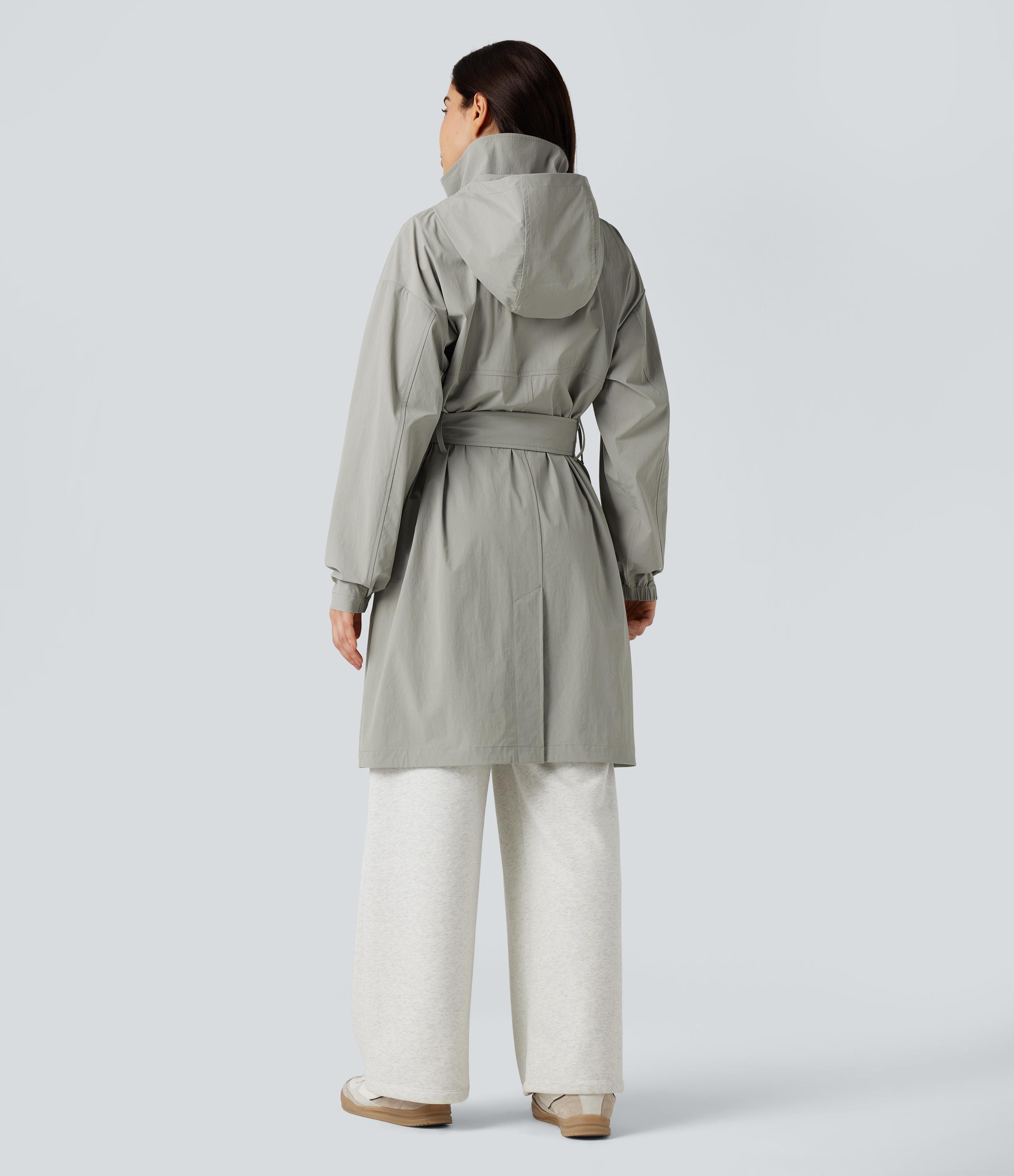 Water Repellent Hooded Belted Casual Trench Jacket with Pockets