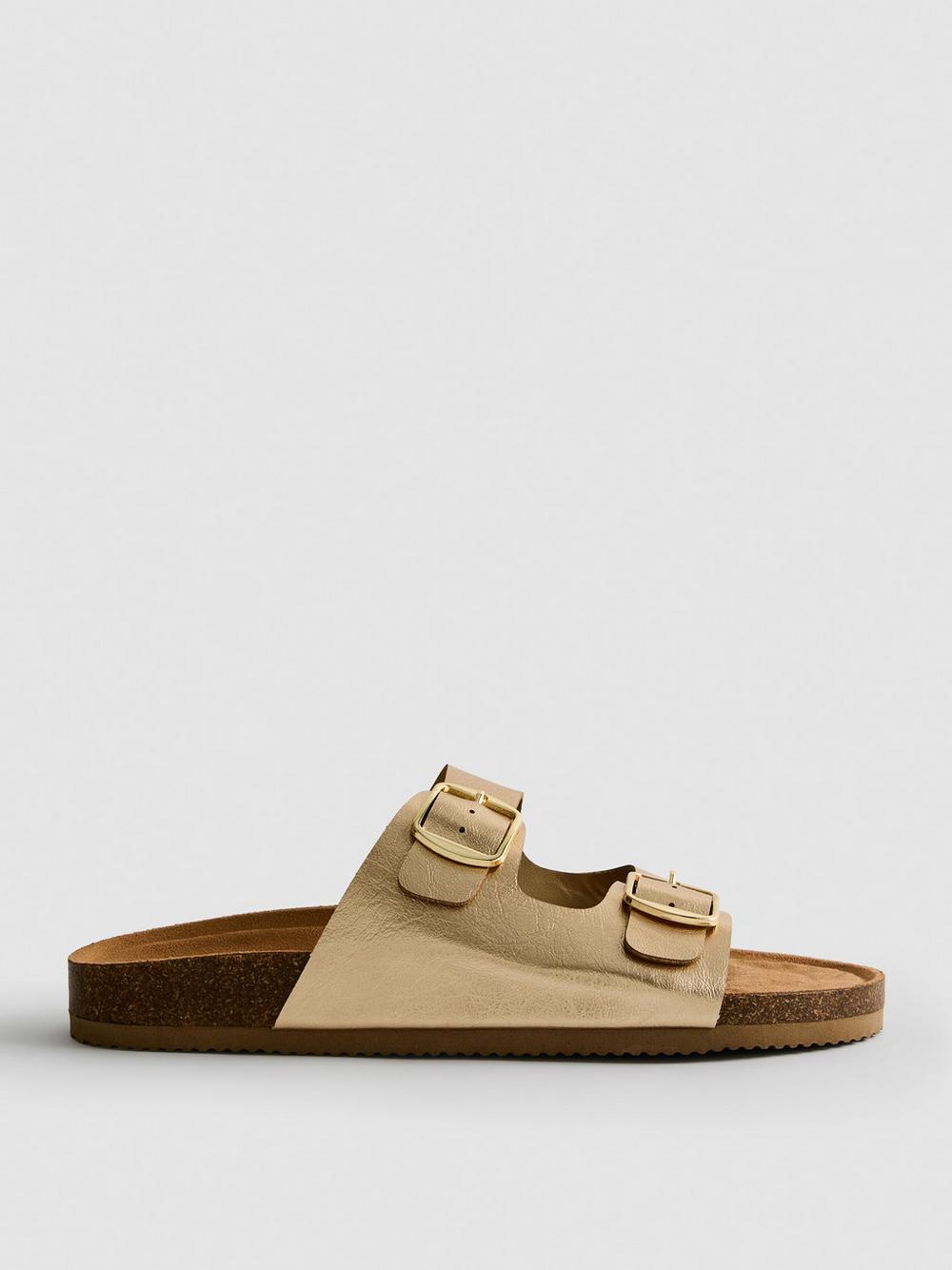 Double Buckle-Strap Mule Sandals - Gold