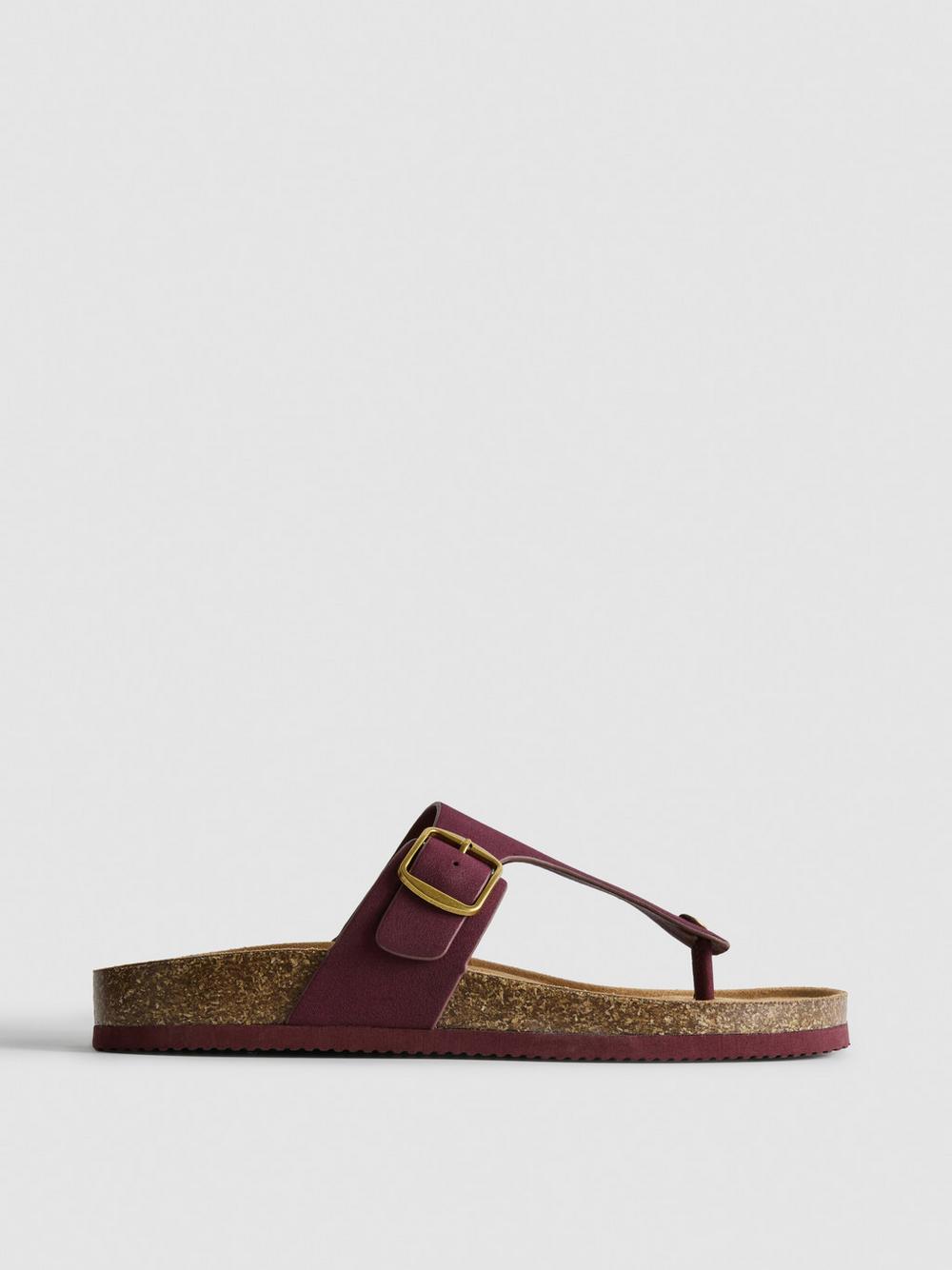 T-Bar Buckle Toe Post Sandals - Burgundy