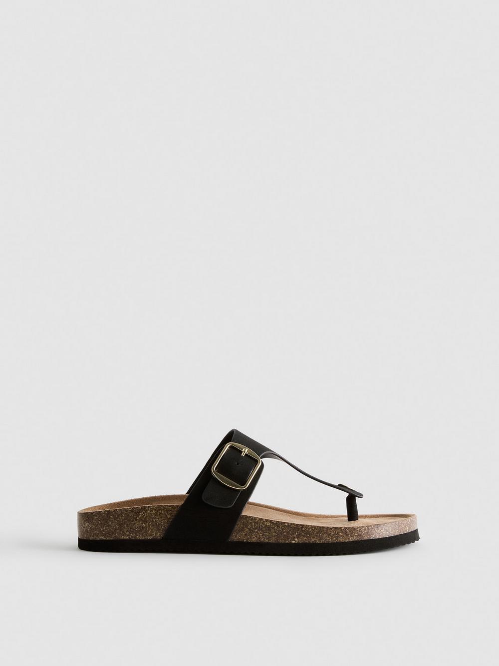 T-Bar Buckle Toe Post Sandals - Black
