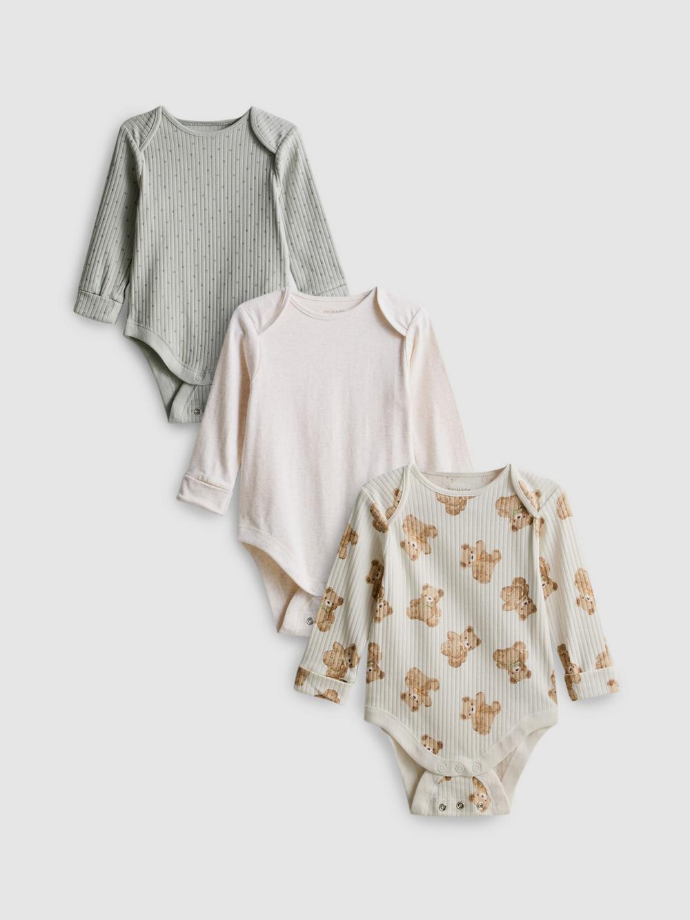 0-18mths | 3pk Pure Cotton Long-Sleeve Newborn Onesies - Taupe